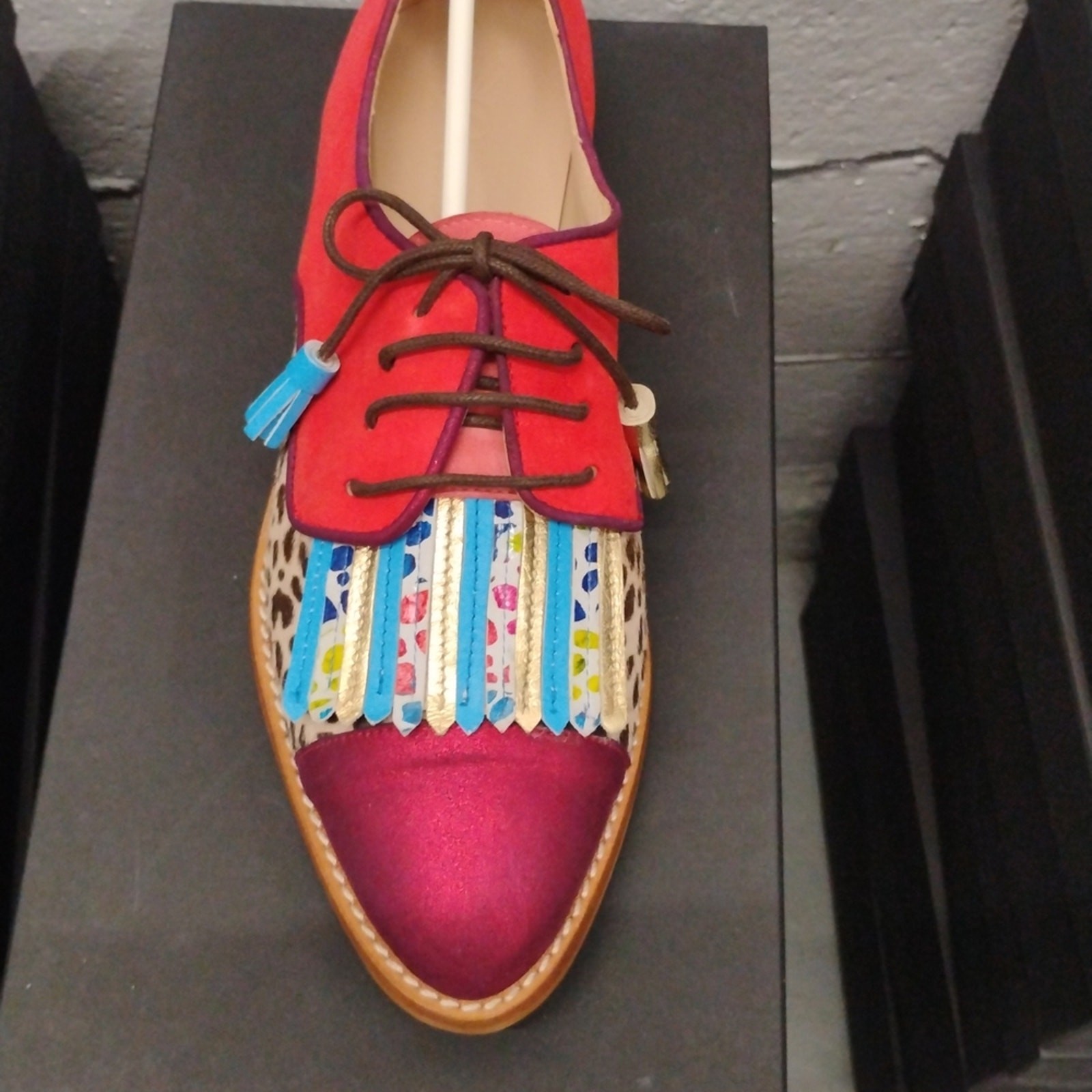 New Red Multicolor Leather & Suede Leopard Print Women Fringe Lace Up Oxford