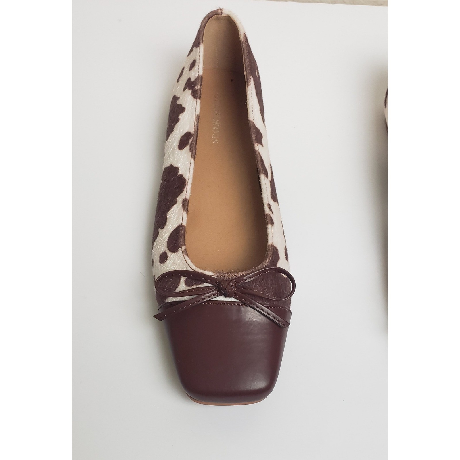 Glamorous Brown Cow Print Faux Calf Hair Square Toe Ballet Flats Bow Accent US 9