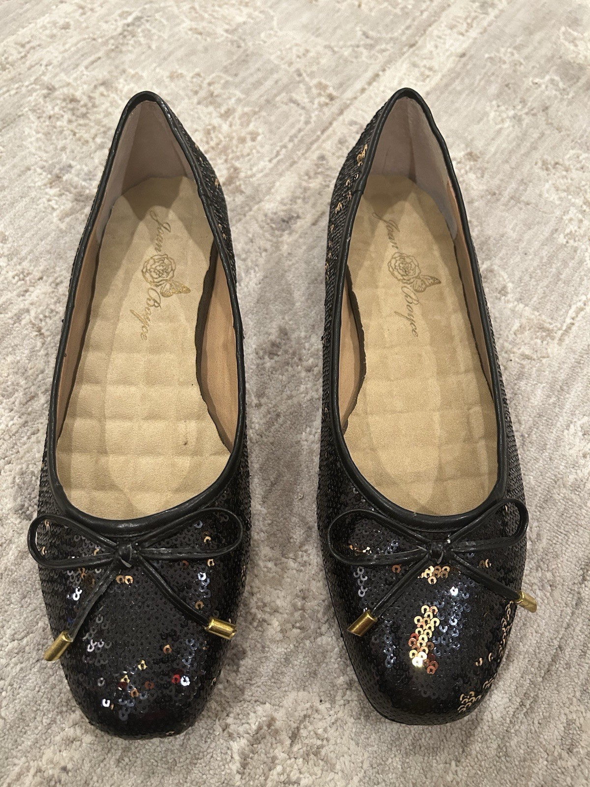 NIB Joan Boyce Sz 11M Sequin Flats Ballet Black Gold Elegant Day Night Holiday