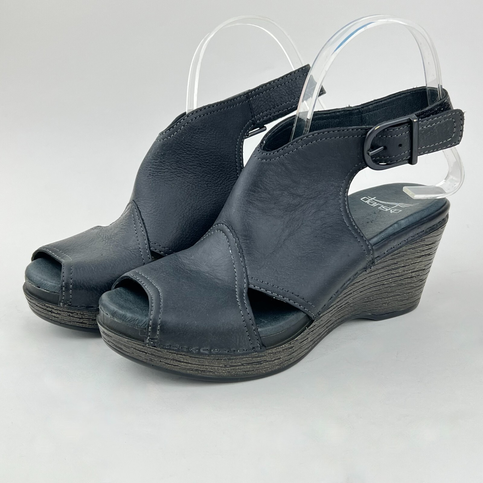 DANSKO VANDA Leather Peep Toe Wedge Black Slingback Platform Women US 6/6.5 EU36