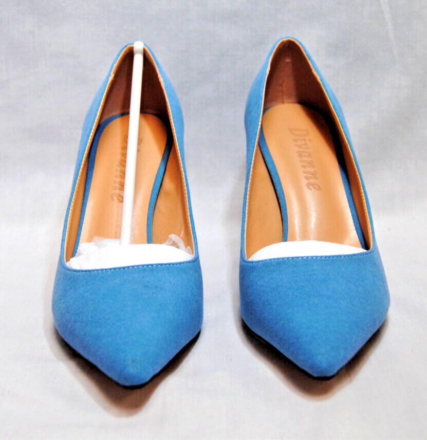 Divanne Womens Middle Heel Stiletto Shoes Pointy Toe Slip-On Pumps Blue T2367