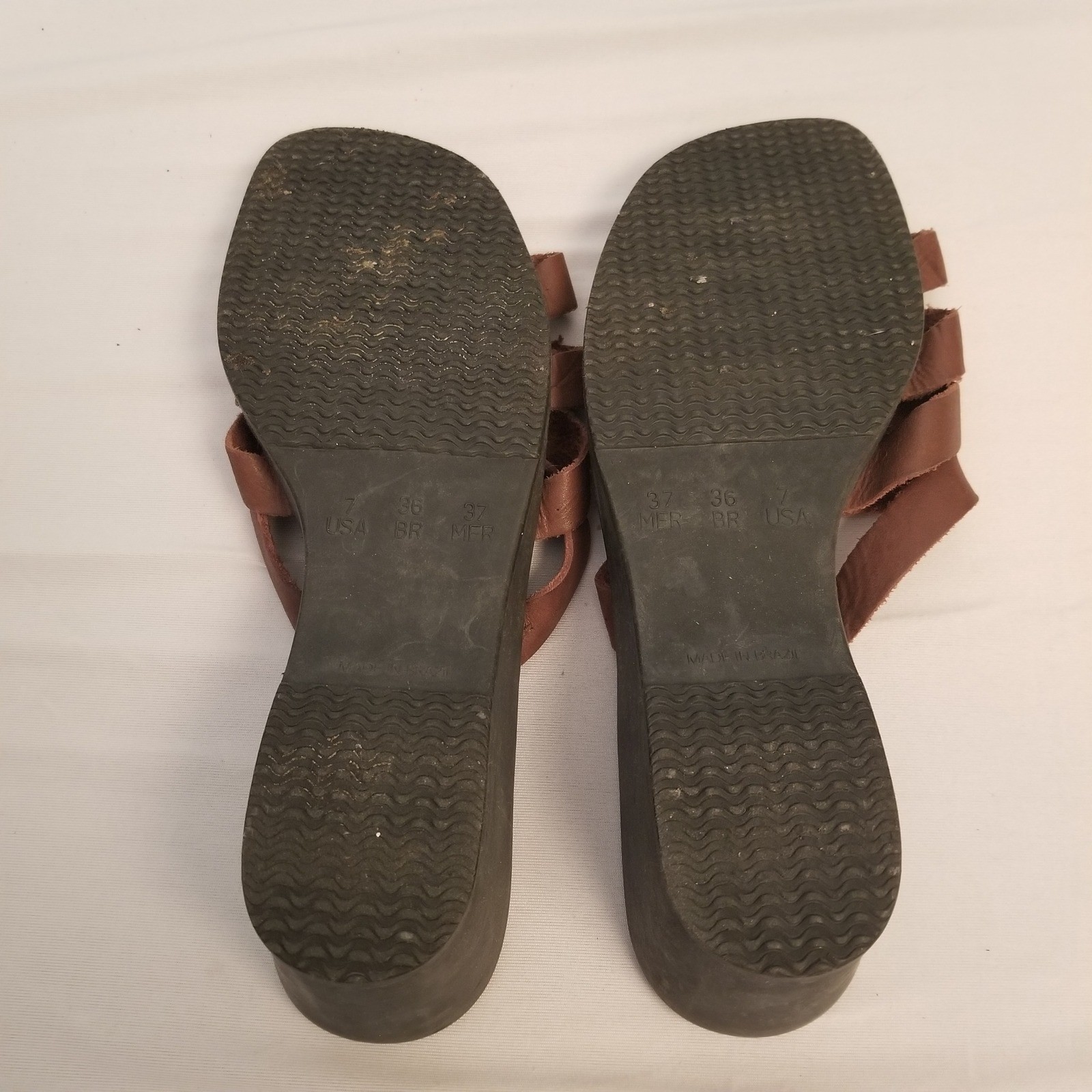 Allyson Whitmore Brown Leather Wedge Sandals Square Toe Slide Strappy 7 Womens