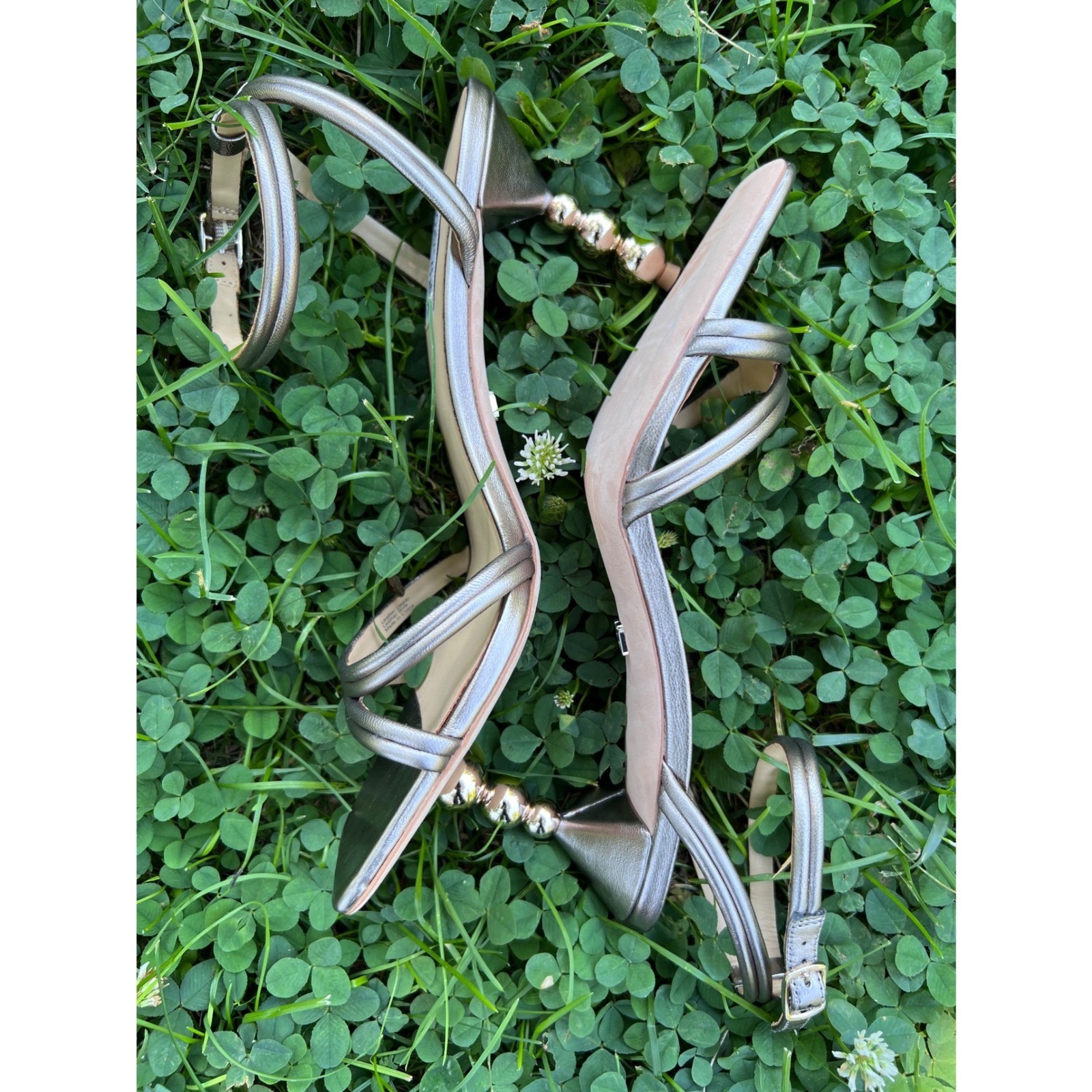 BADGLEY MISCHA Belen Heeled Light Bronze Metalic Leather Sandal Sz 10 NWOT