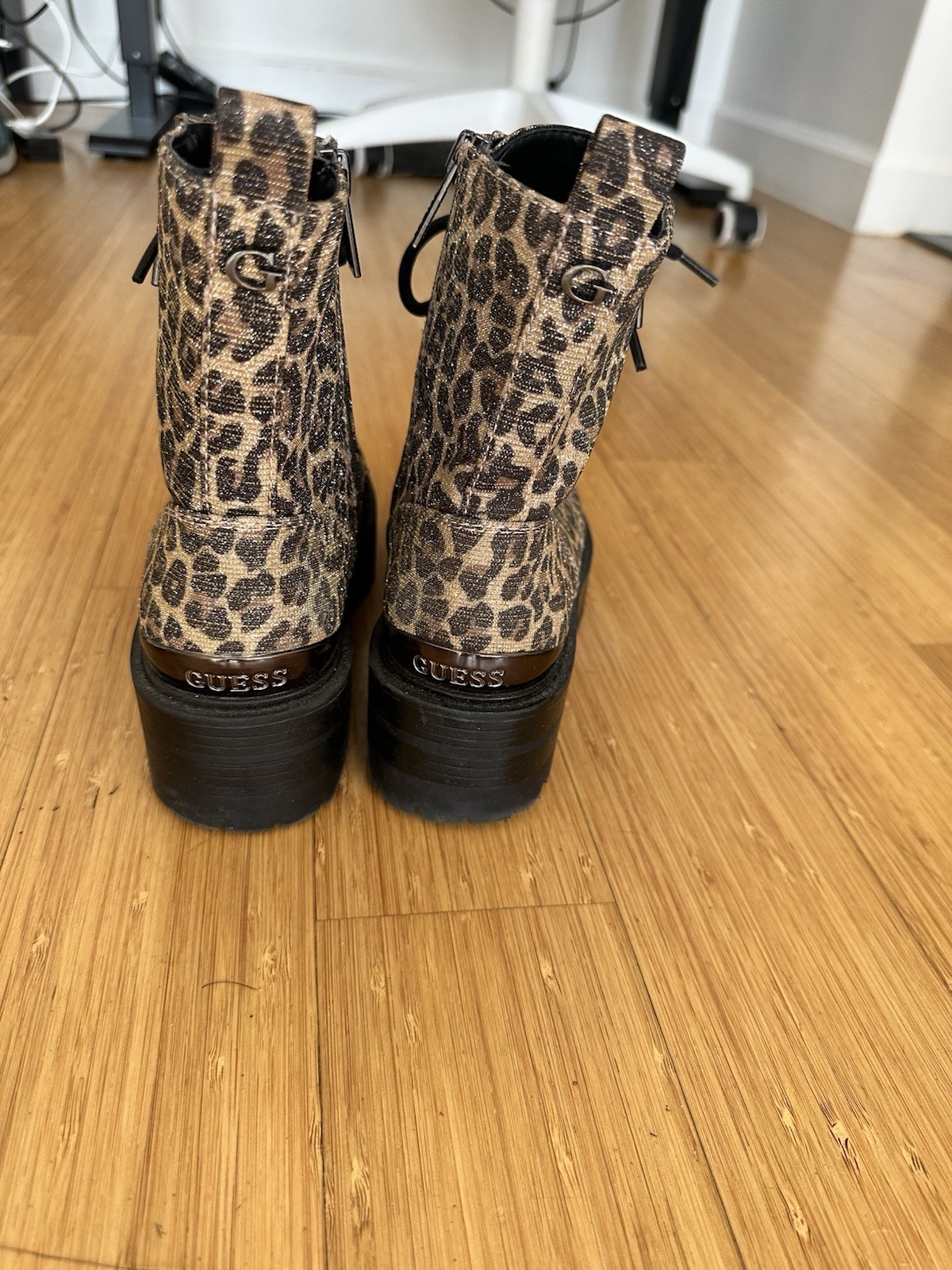 GUESS Women’s Size 6.5 Leopard Print Leather Lace-Up Combat Ankle Boots