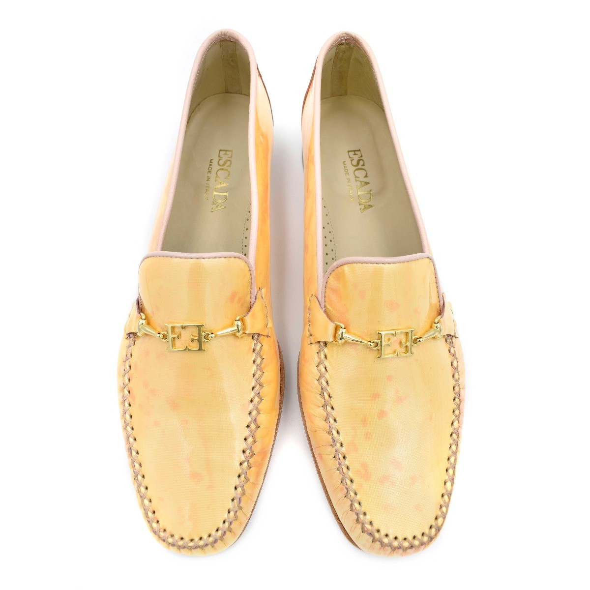 New $300 Escada Melon Orange/Coral Snake Print Patent Leather Loafers Flats sz 9