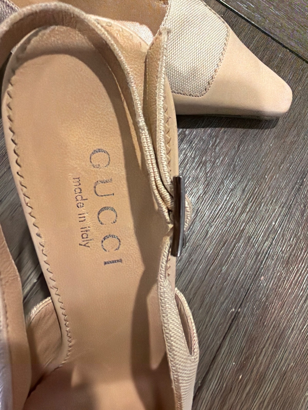 GUCCI Vintage Beige Leather Canvas Sling Back Heels Pumps Women’s 8 B