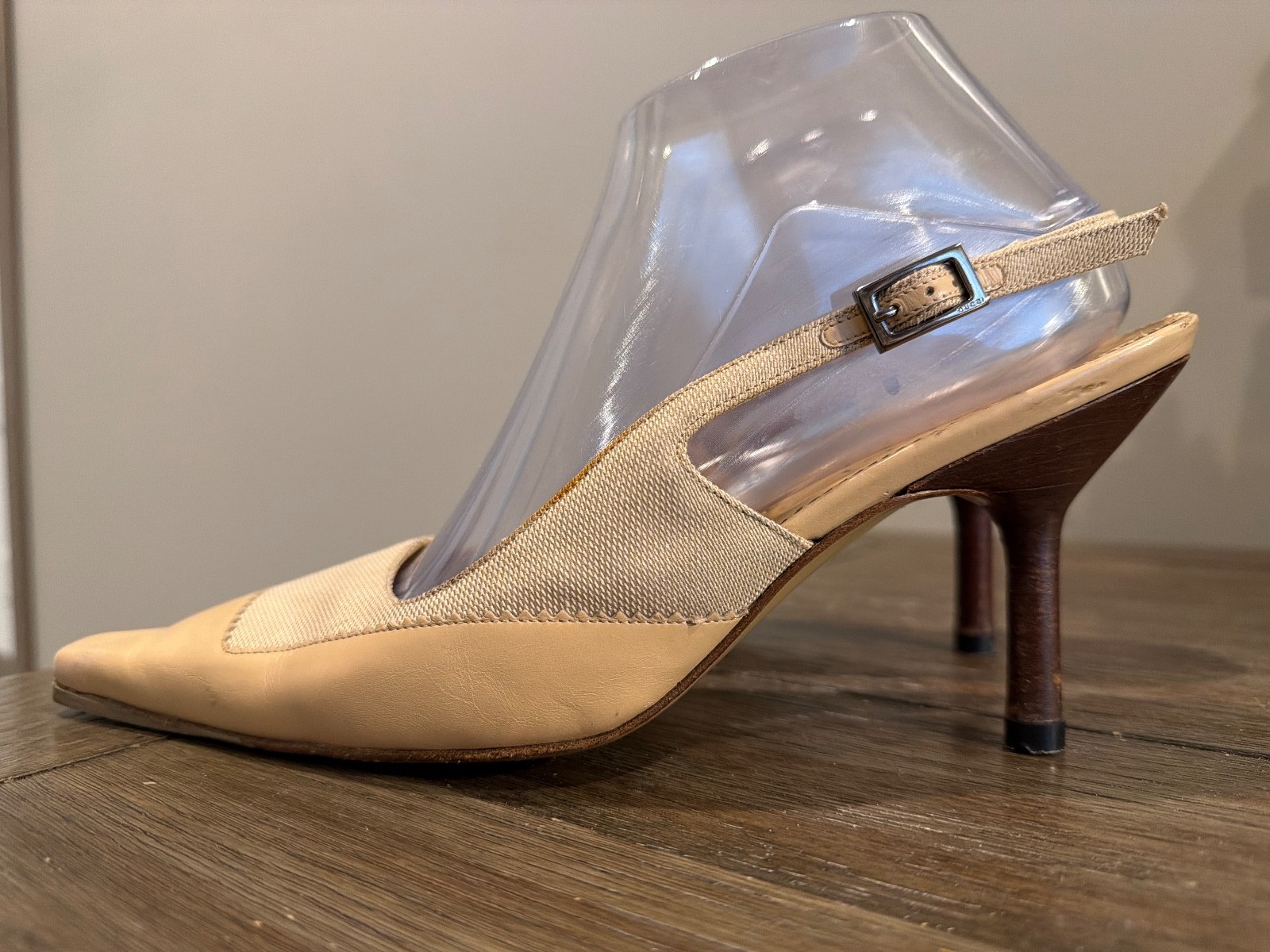 GUCCI Vintage Beige Leather Canvas Sling Back Heels Pumps Women’s 8 B