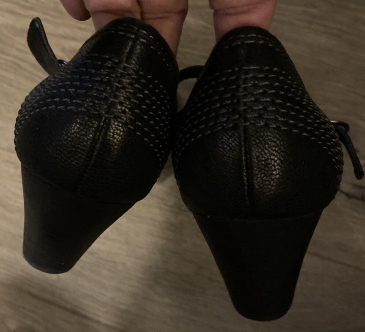 Madison Black Leather Heeled 9M Mary Jane Blake Shoes Decorative Stitching EUC