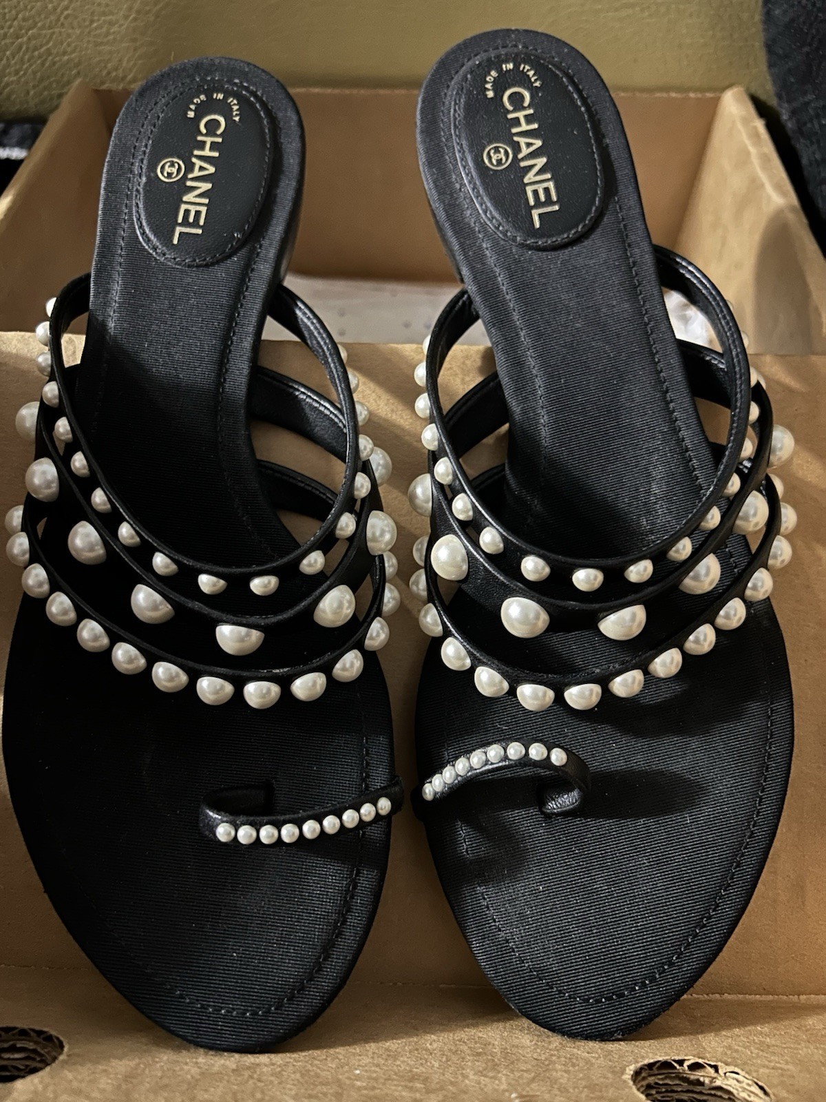 CHANEL Black Beaded Flat Sandals for Women, Casual Summer Logo Style