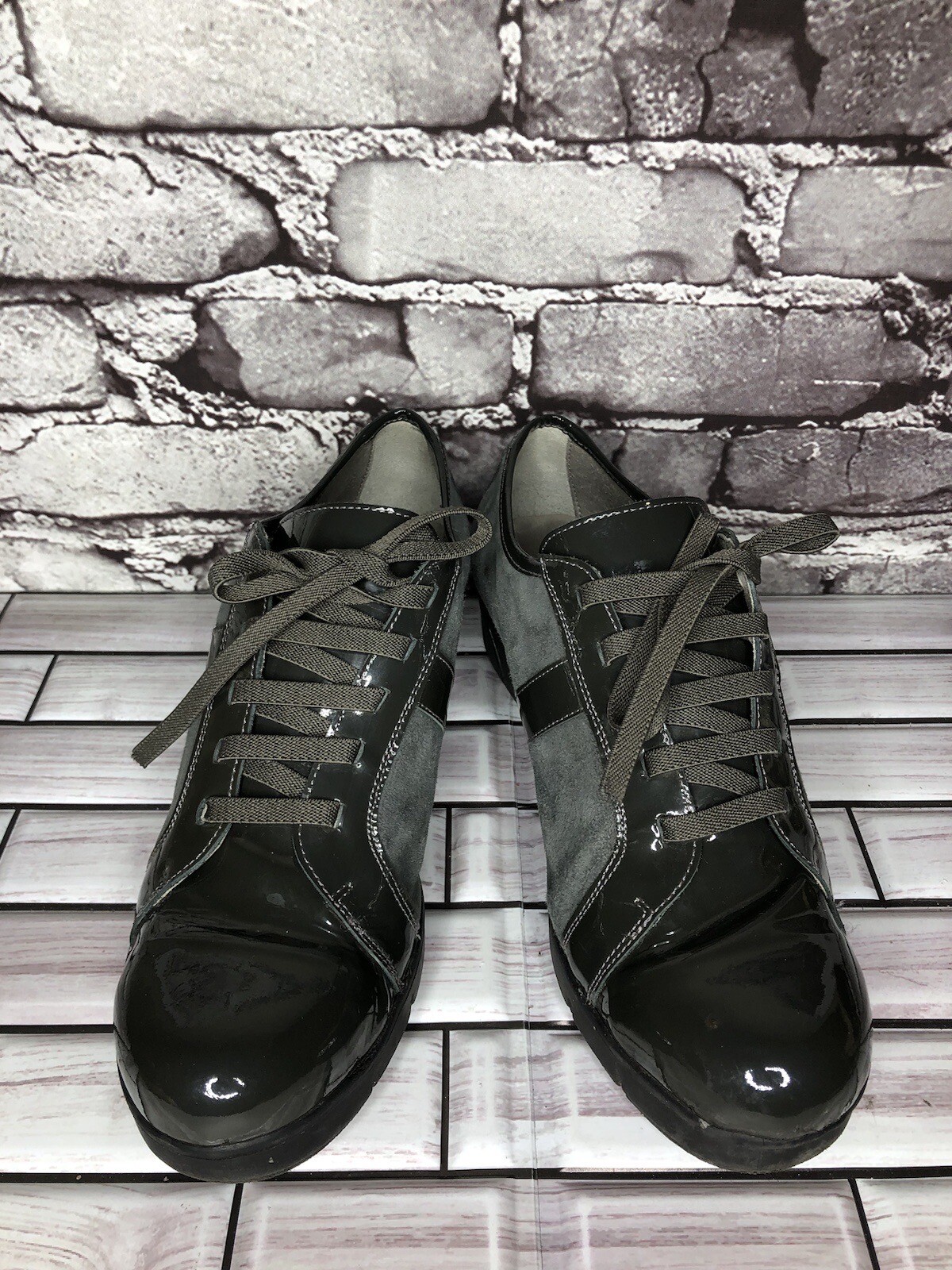 Charly Fox Gray Suede Patent Leather Lace Up Casual Wedge Shoes Women 39EU/8.5US