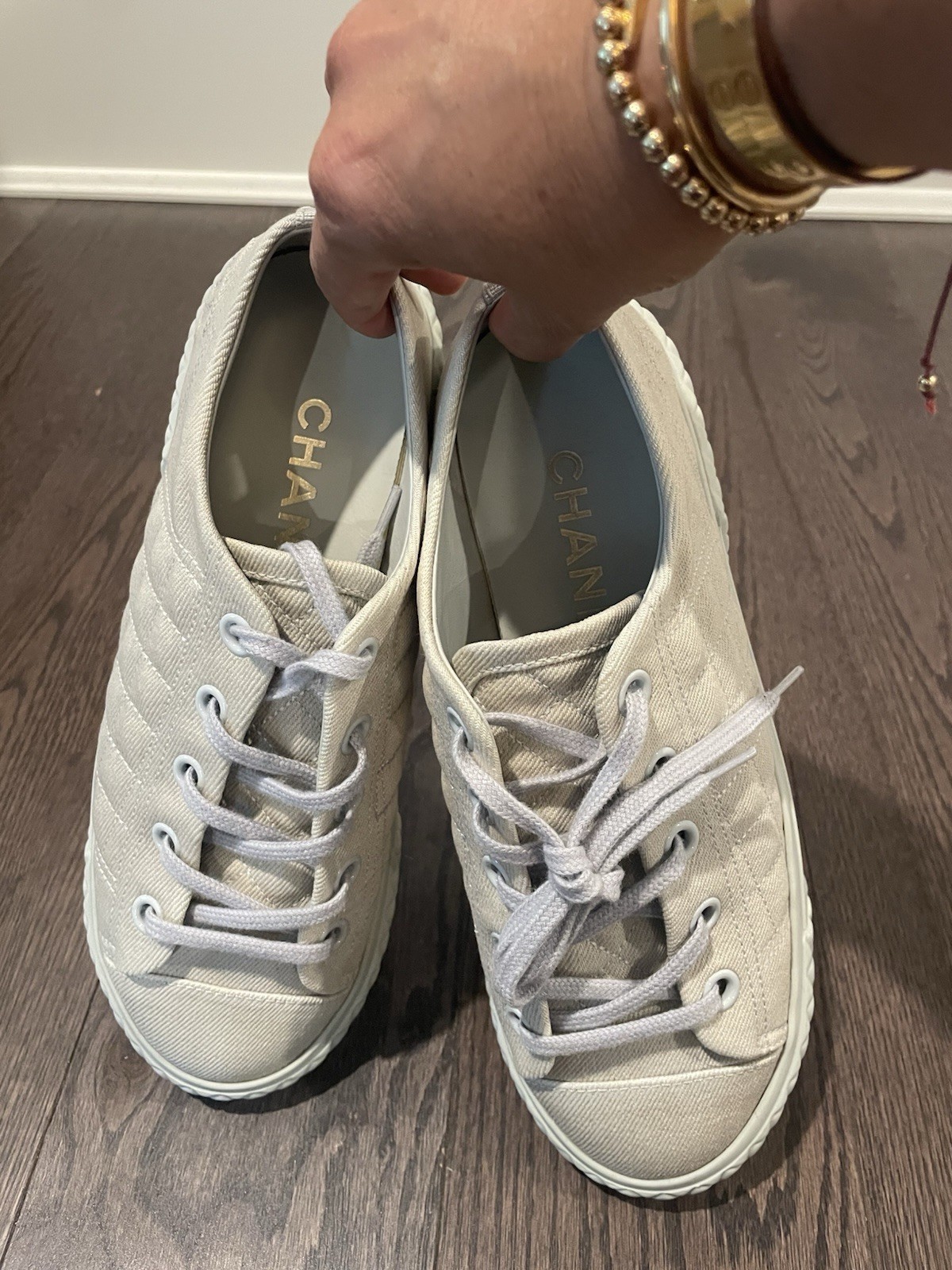 Chanel Printed Fabric Quilted Low Top Sneakers 38 Light Gray