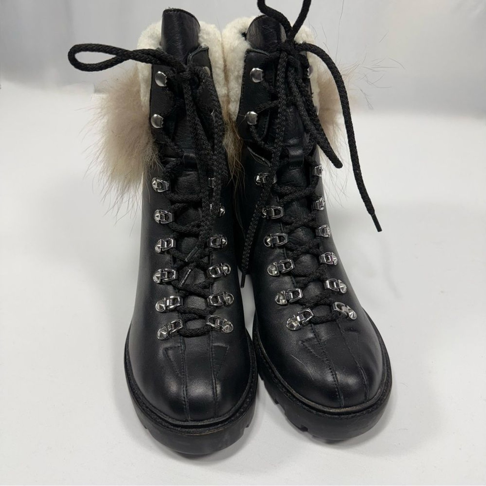 Black Leather Fur Trim Lace Up Hiker Boot Sigerson Morrison Size 40.5 EU