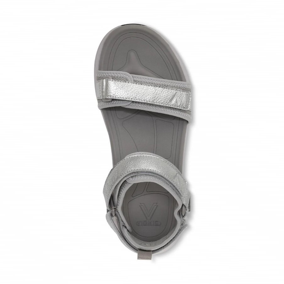 VIONIC Women Walk Max Wanderer Sandal, Silver Leather (NEW)