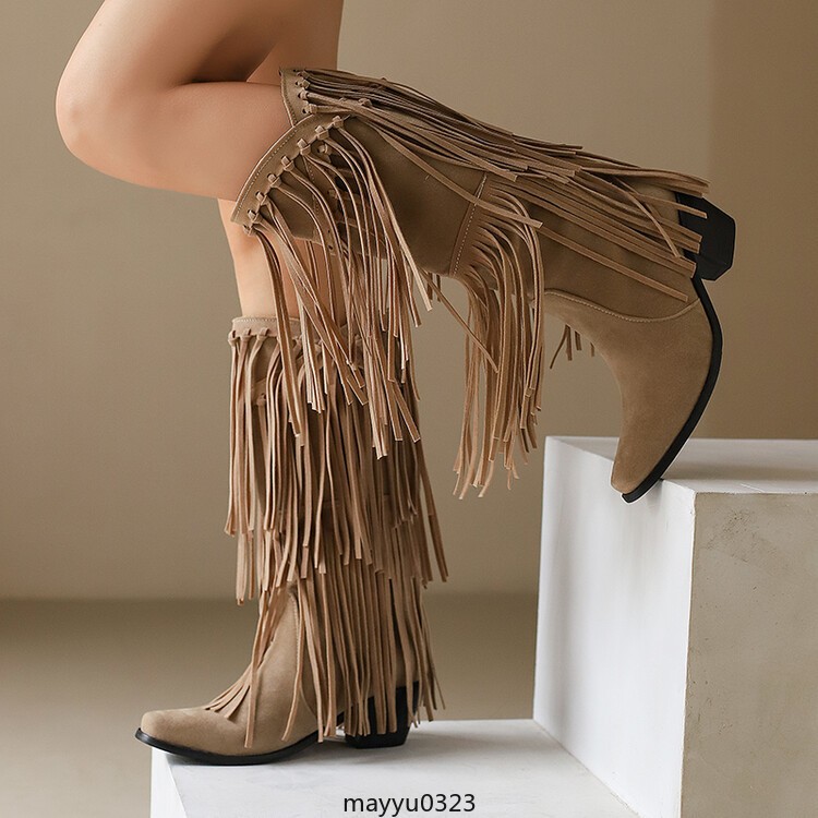 Womens Tassel Fringe Mid Calf Boots Mid Block Heel Western Cowgirl Shoes Hot