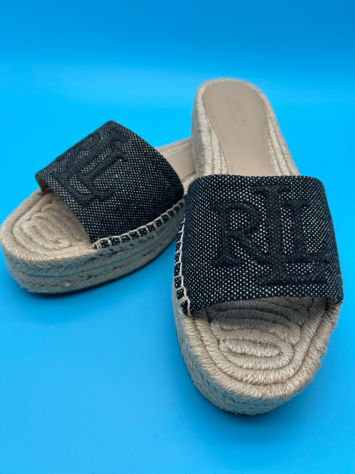 Lauren Ralph Lauren Polly Logo Espadrille Slide Sandals Natural Denim 6.5-10 NIB