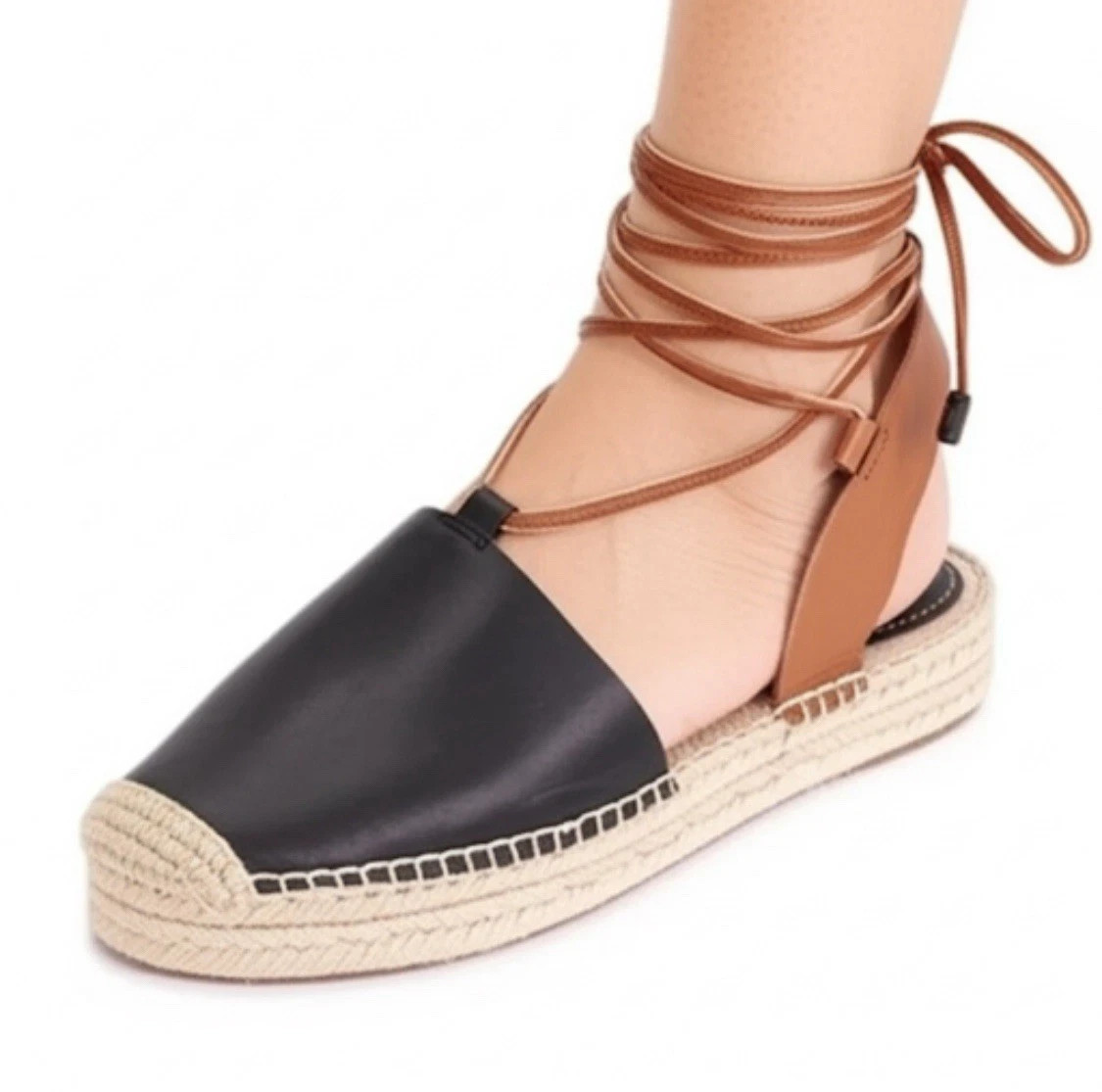 Coach Rita Espadrille Sandals Size 5.5M Black Leather LaceUp Flat Shoes NiB