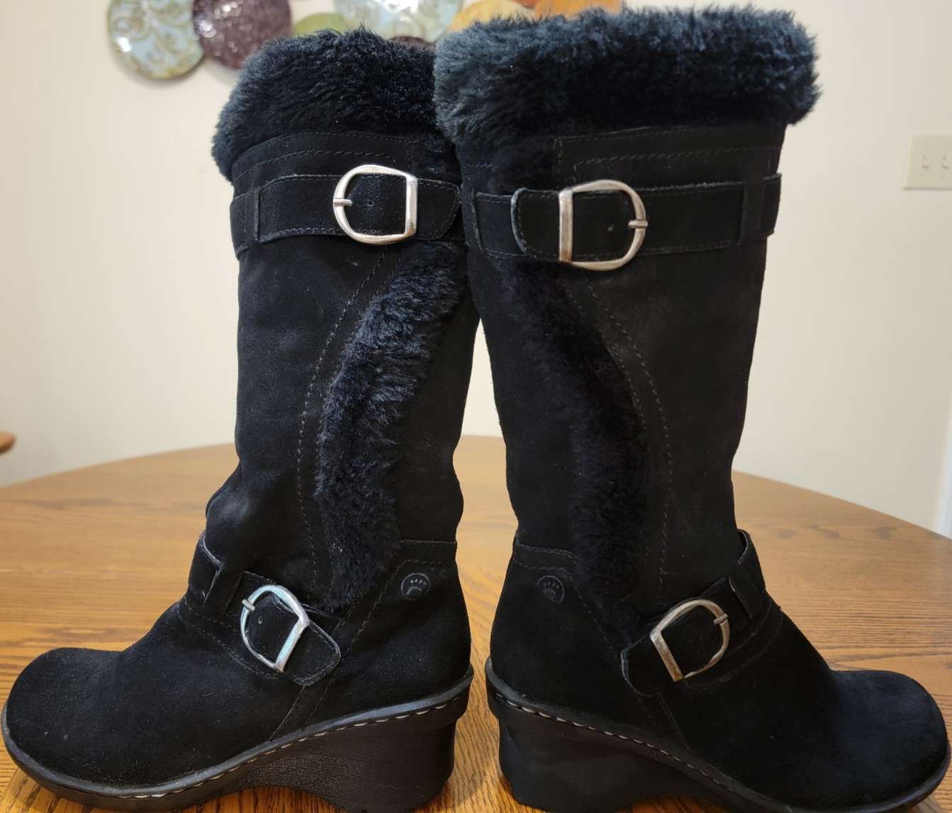 BareTraps Catchy Women’s Black Mid-Calf Suede Faux Fur Trim Zip Wedge Boot 6.5 M