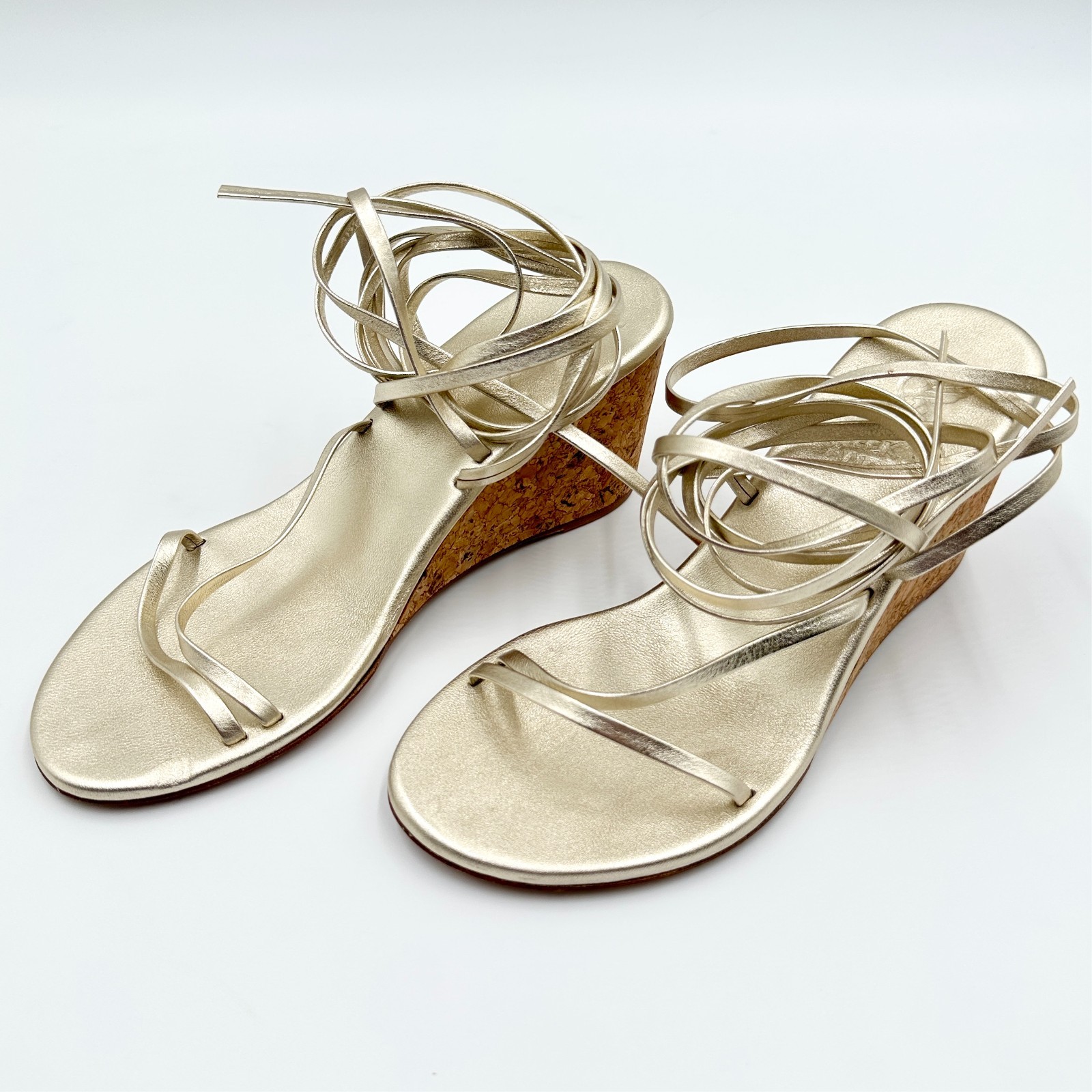 Ancient Greek Sandals Lithi Gold Leather Cork Wedge Ankle Tie Wrap Womens 7.5 US