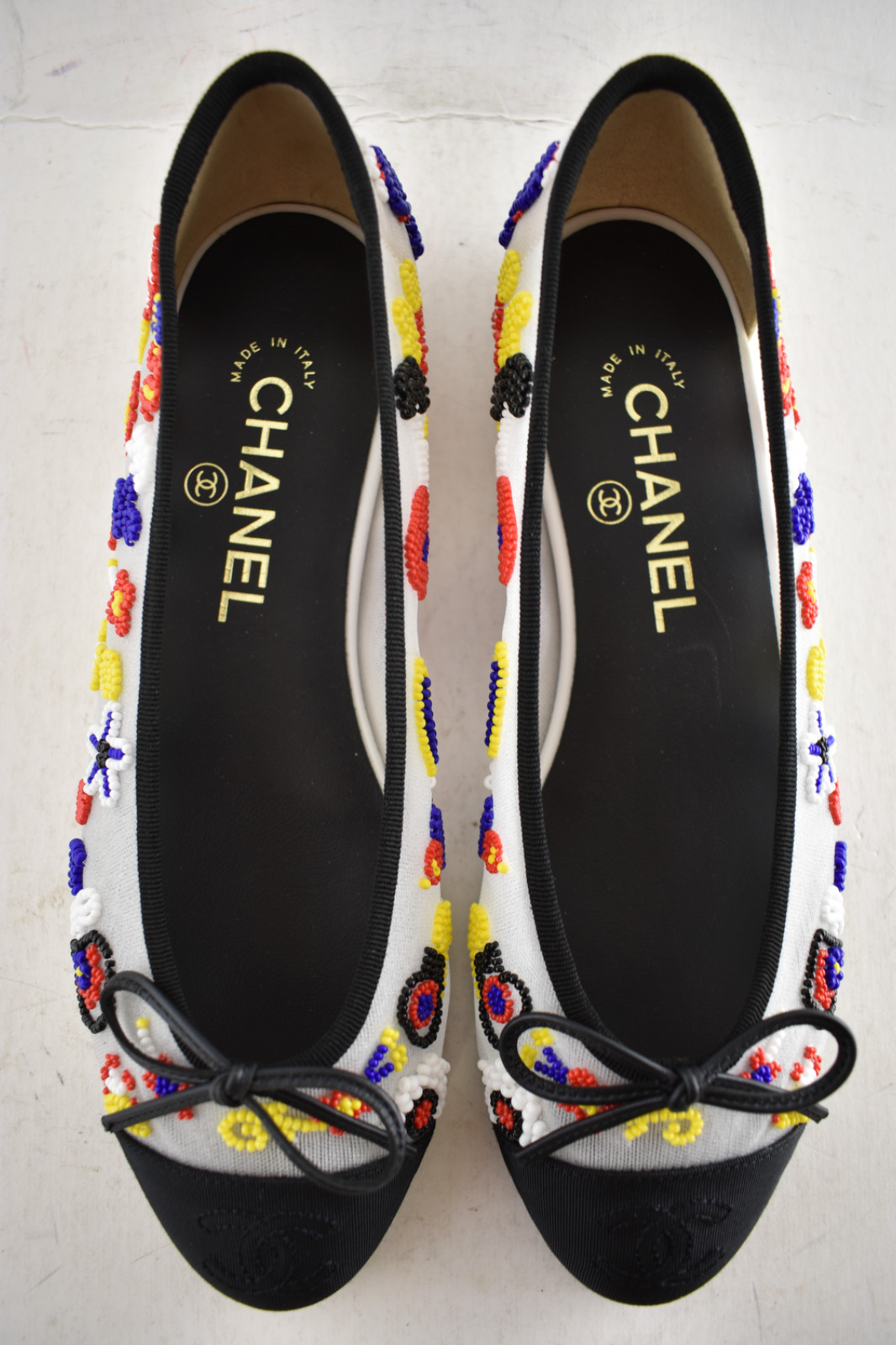 Chanel 26M Coco Beach Mesh Beaded Pearls Black CC Logo Ballet Ballerina Flat 37