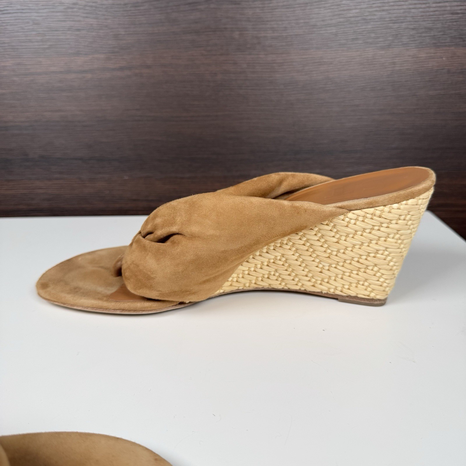 STAUD Dahlia Suede Knot Sandals Wedge Heel Tan Portugal Women’s size 9 / EU 39