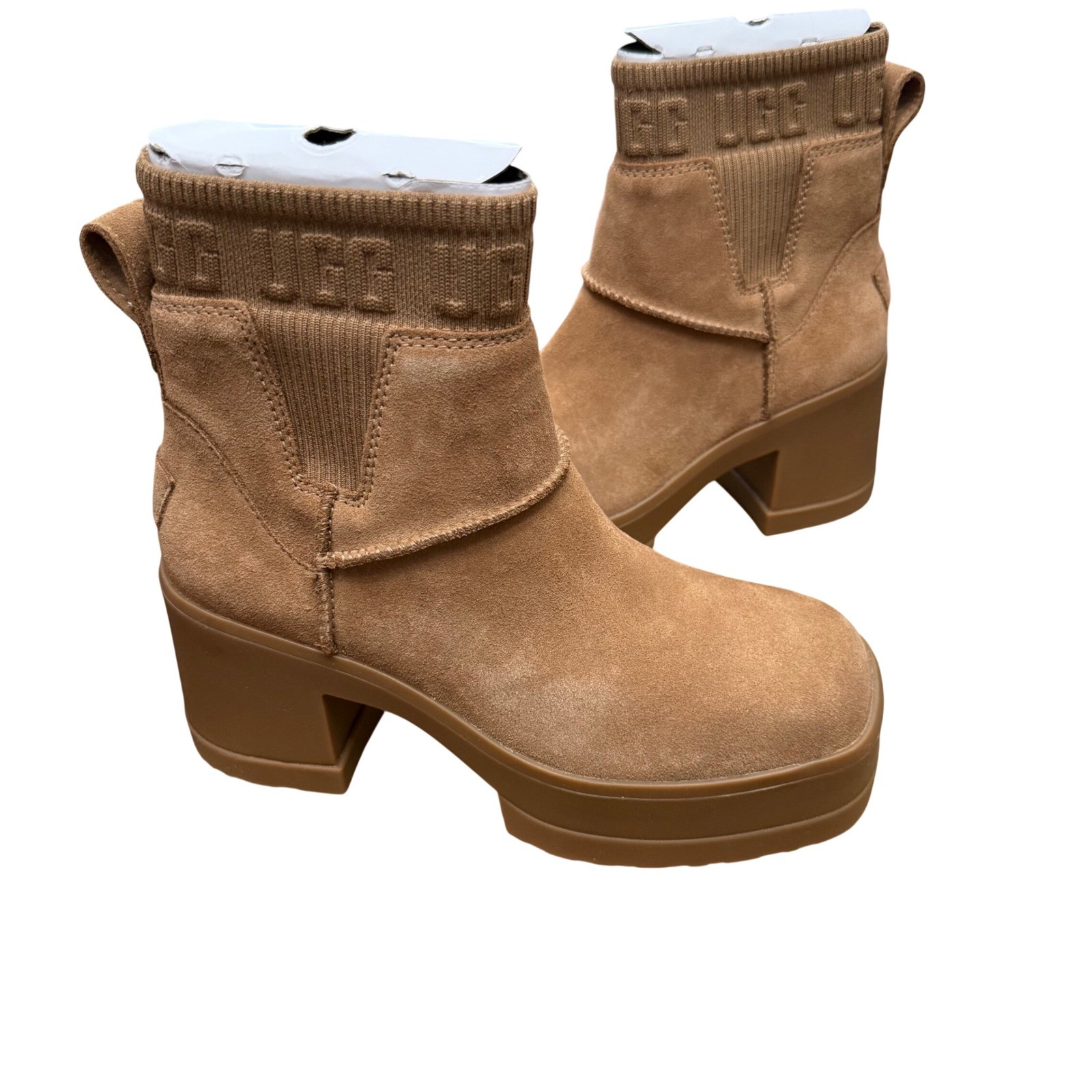 UGG Moxy Chelsea Women 7.5 Chestnut Suede Platform Block Heel Boot 1173724 NEW