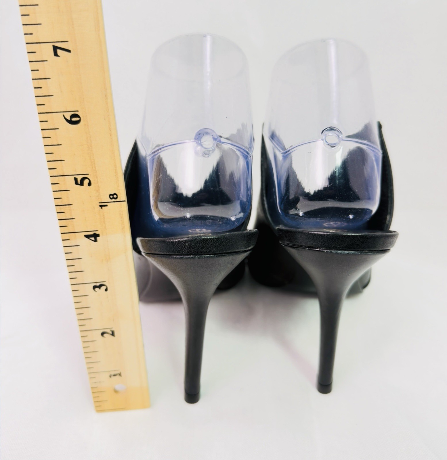 Trina Turk Black Leather Mule Heels 7.5M Peep Toe Slide Stiletto Brazil 4 Inch
