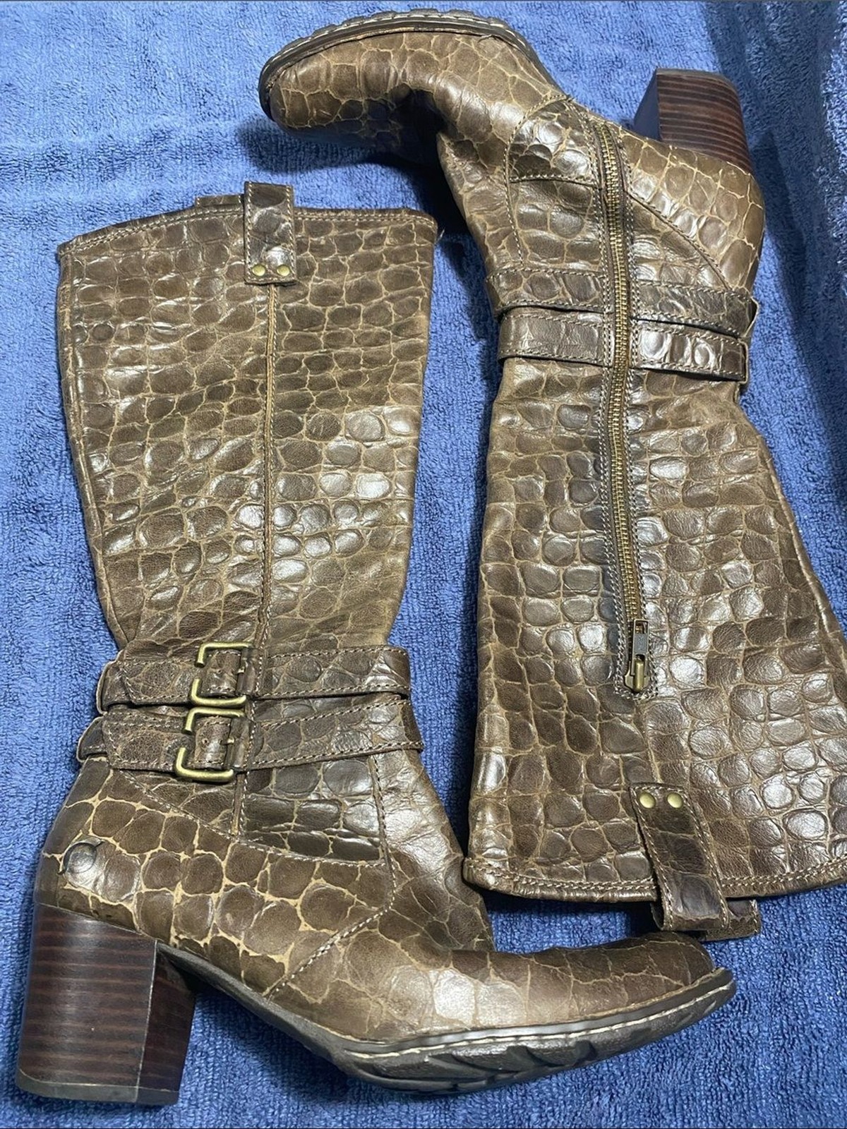 Born Brown Croc-Embossed Mid-Calf Buckle Boots