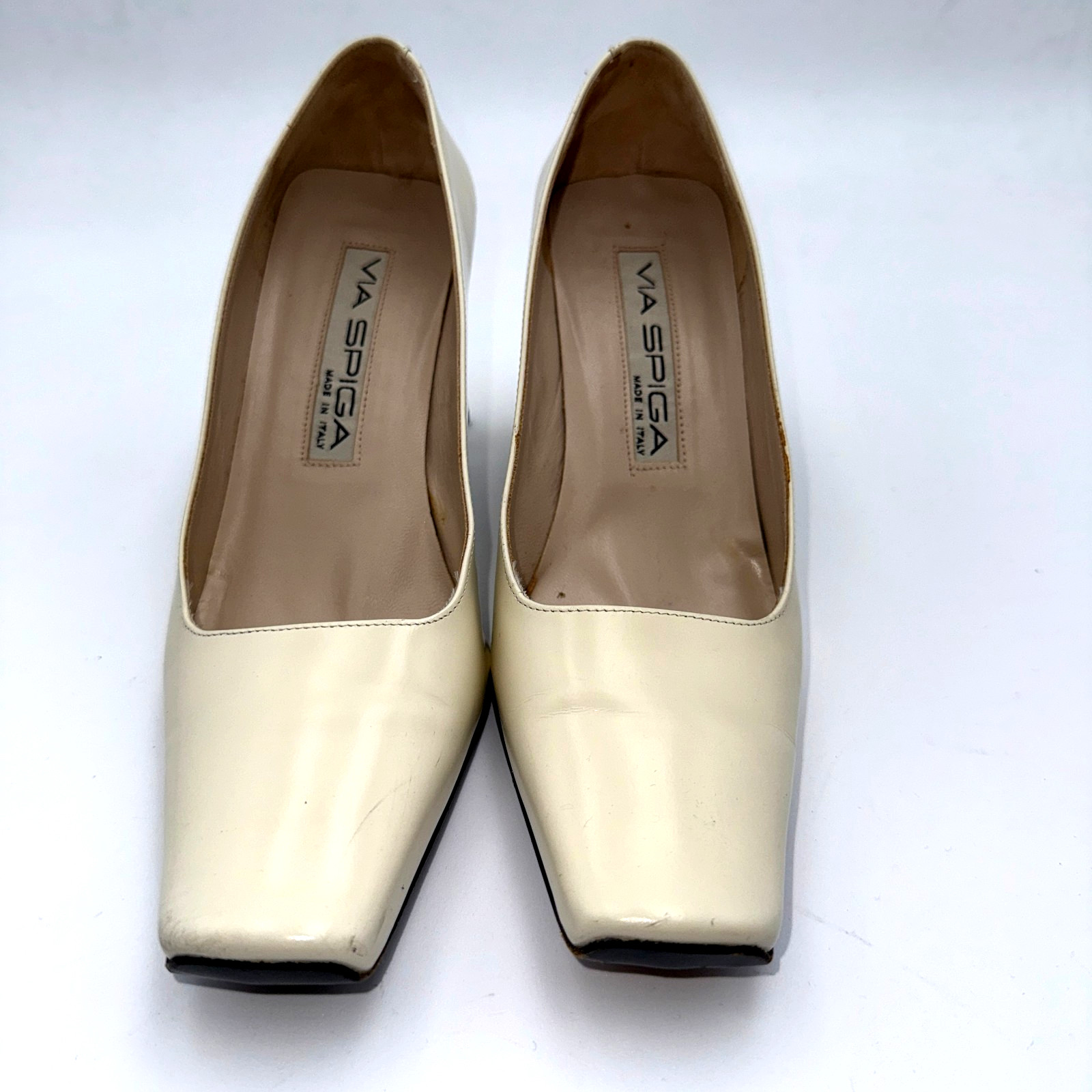 Via Spiga Women’s Ivory Leather Heels 5.5M Square Toe Block Heel