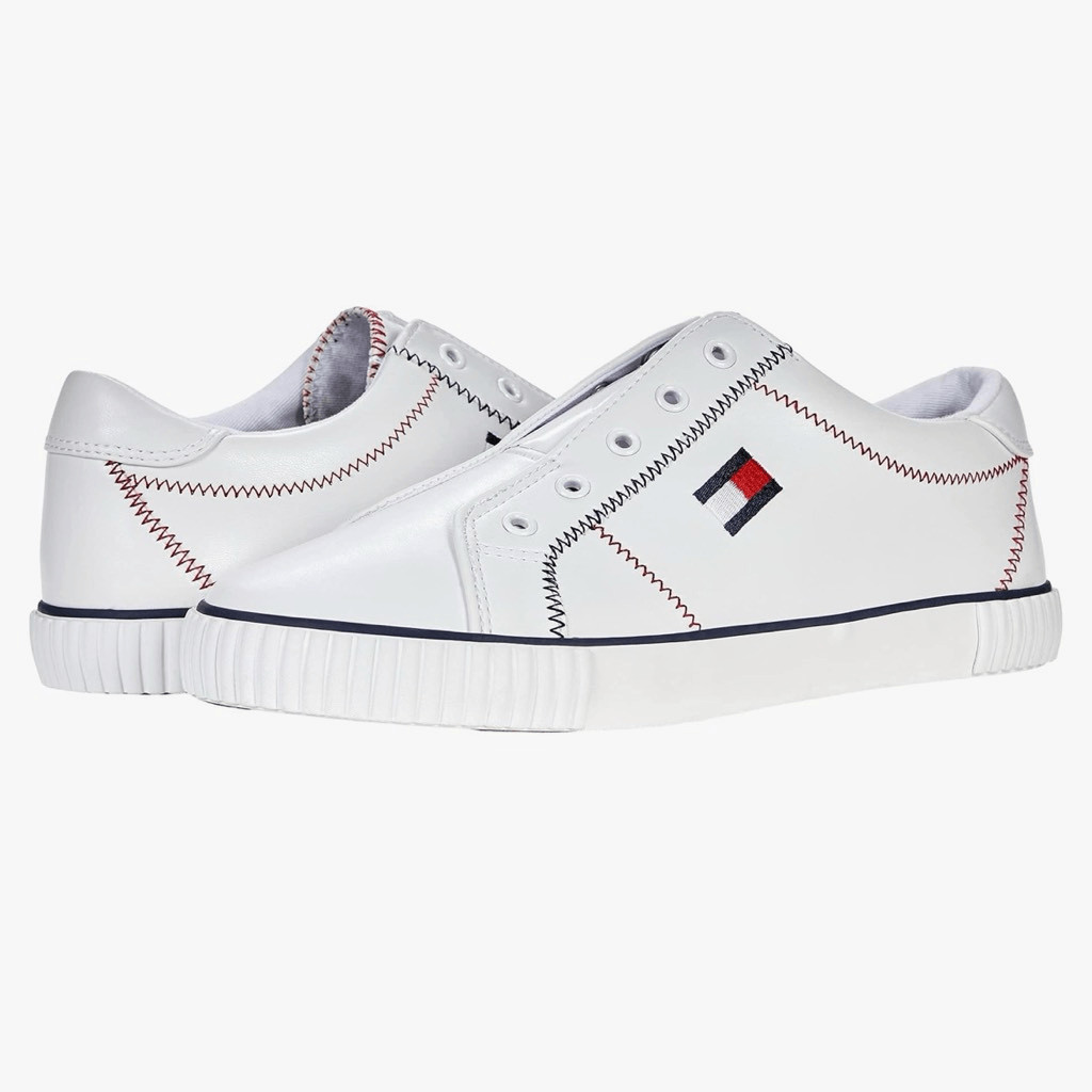 NWT Tommy Hilfiger Ewon Slip-On 8.5 White Red Blue Laceless Pu Leather Sneakers