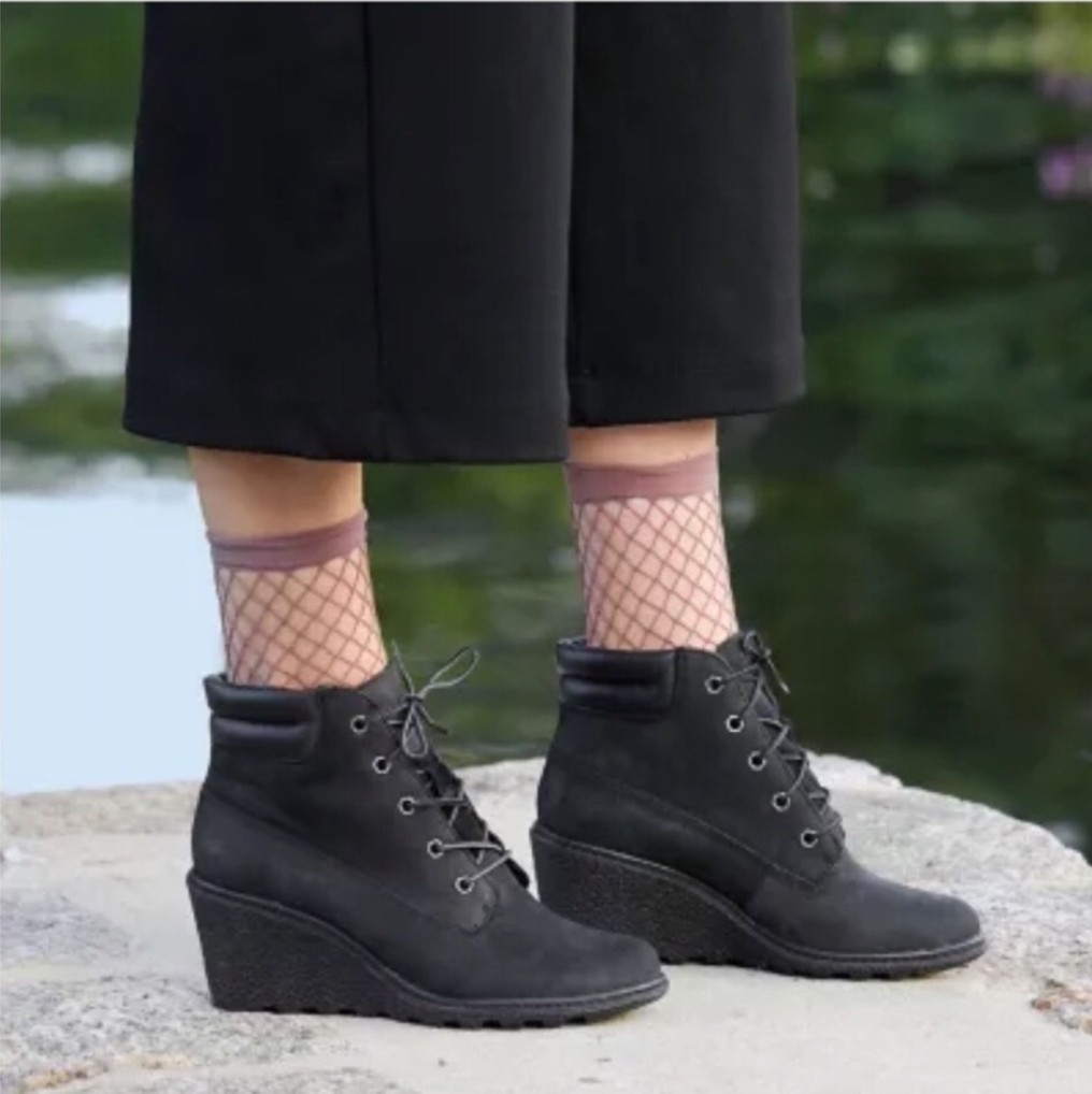 Timberland Amston Black Suede Wedge Heel Boots Womens Sz 7 Lace Up Ankle Booties