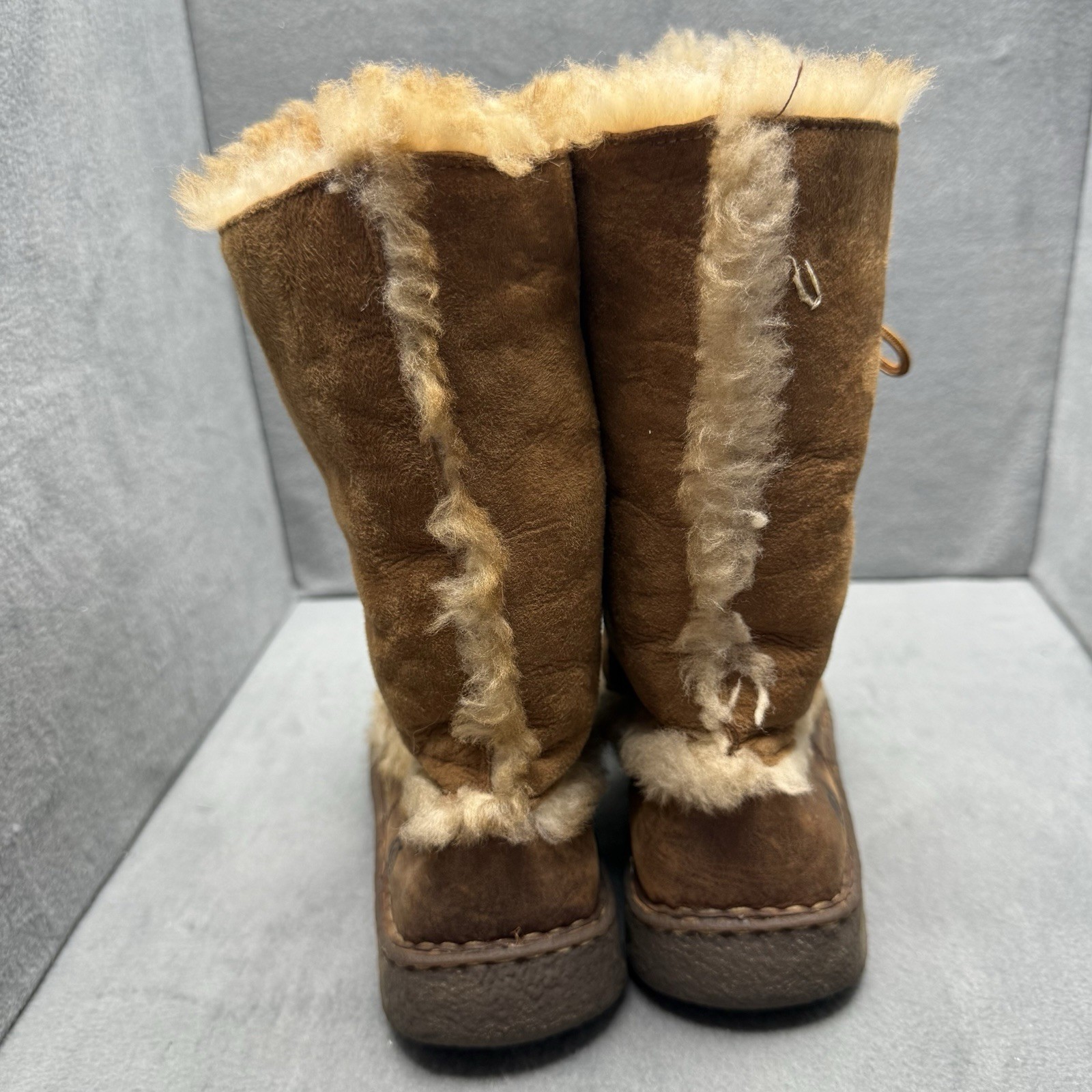 Born Yuma Women’s 6 Brown Leather Shearling Lined Lace-Up Mid-Calf Boots
