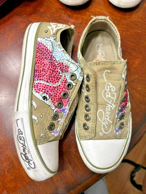 Vintage Ed Hardy Tan/Green Koi Fish Slip On Sneakers Tattoo Art Y2K Size 5