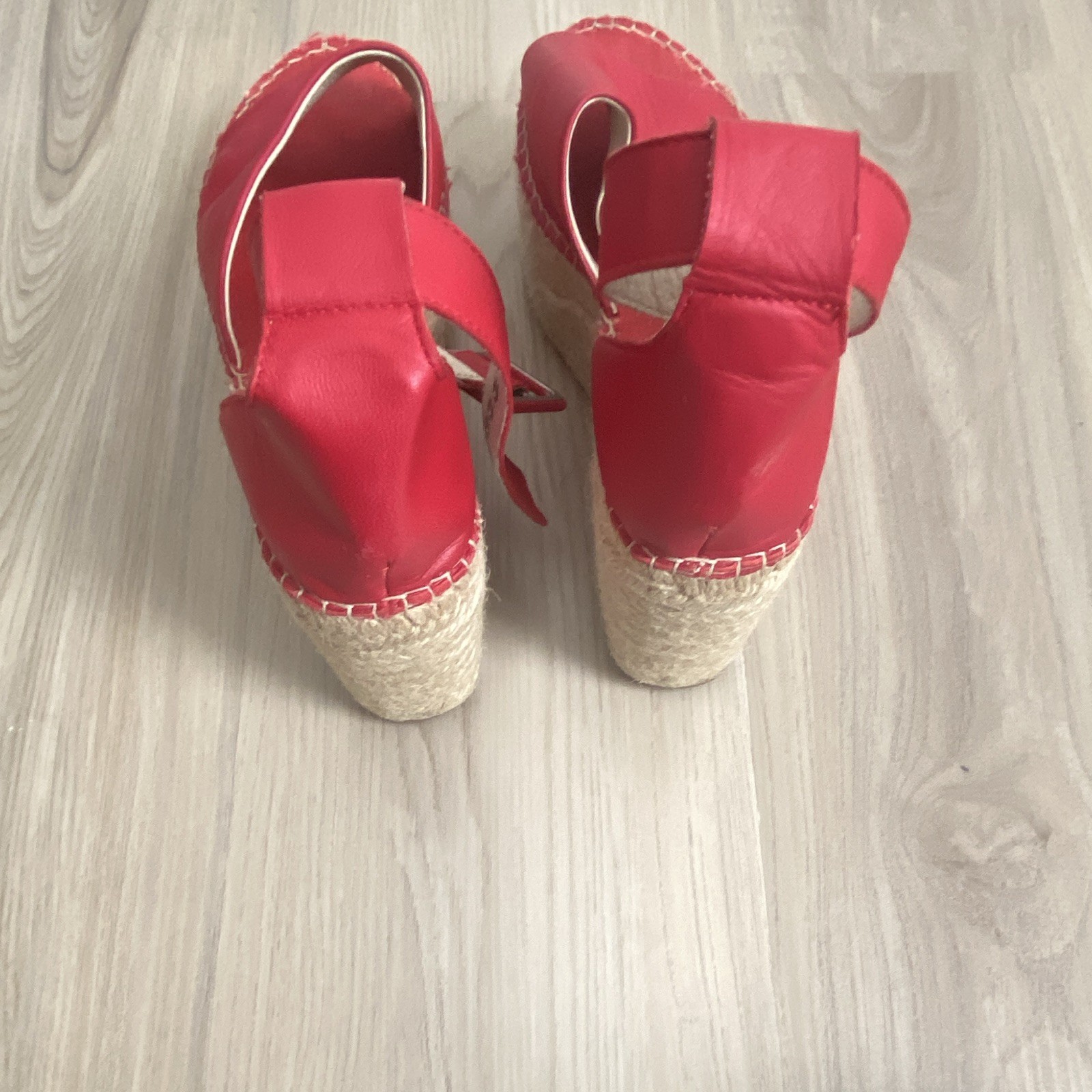Free People Women’s Red Leather Open Toe Wedge Espadrille Sandals Ankle Strap 8