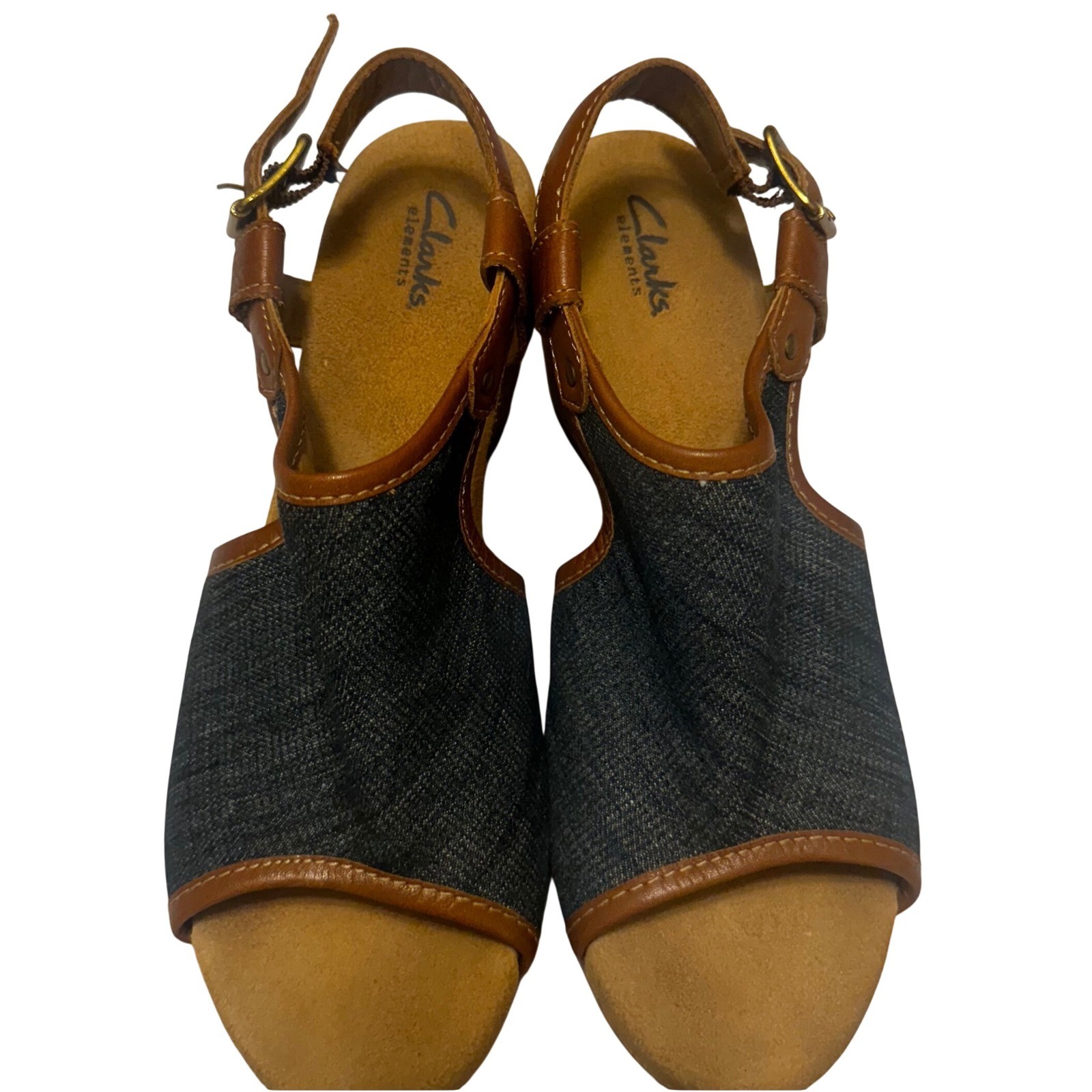 Clarks Elements Denim Leather Cork Wedge Sandals Brown Blue 9M 87669