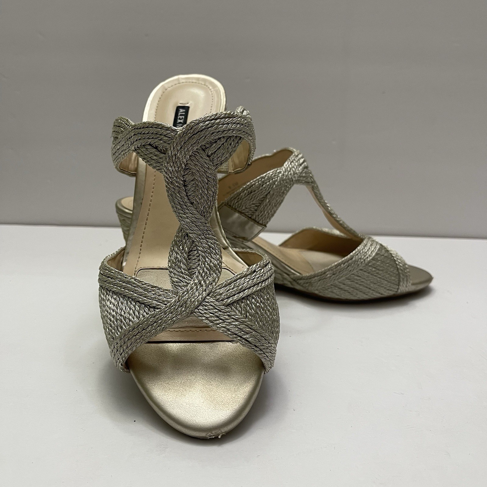 Alex Marie Martine Gold Shimmer Braided Wedges Heels Party Sandals Womens 8.5