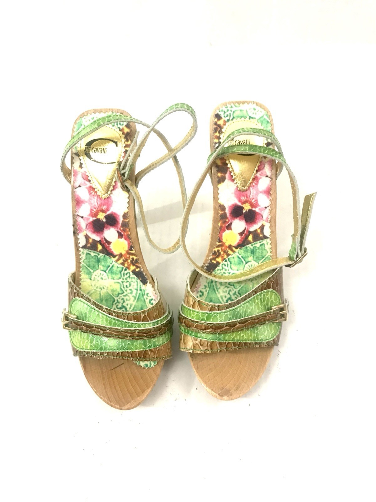 Just Cavalli Wooden Platform Green Snake Embossed Sandals – Size EU 38 | US 8
