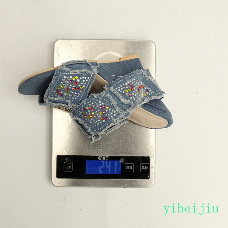 2026 Womens Denim Jeans Rhinestones Slippers High Wedge Heel Sandals Mules Shoes