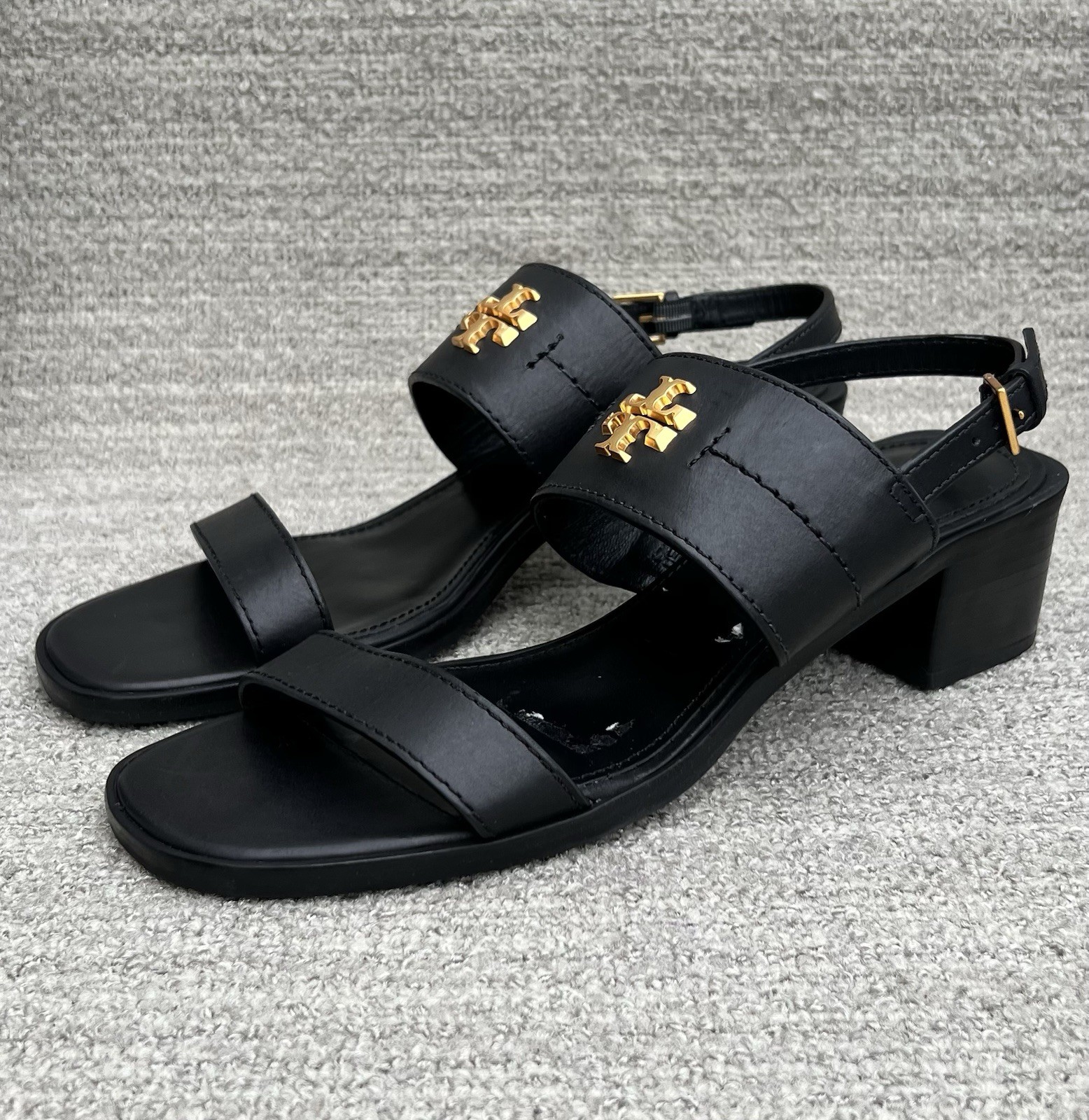 TORY BURCH Eleanor Block Heel Black Leather Sandals Women’s Size 10 US