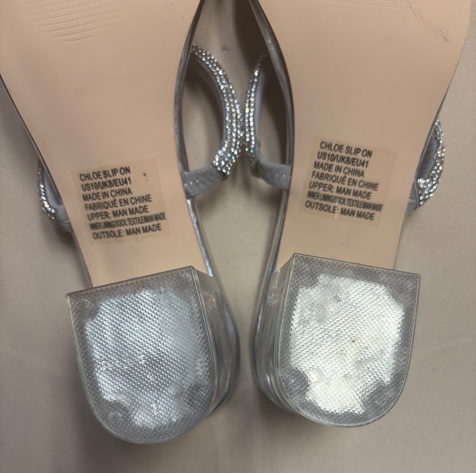 JustFab Block Heel Women’s Silver Chloe Slip On Strap Beaded Clear Sz 10 READ