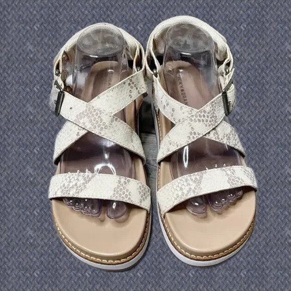 Lucky Brand Idenia Leather Snake Embossed Flatform Sandals Stucco Lomo Size 9.5M