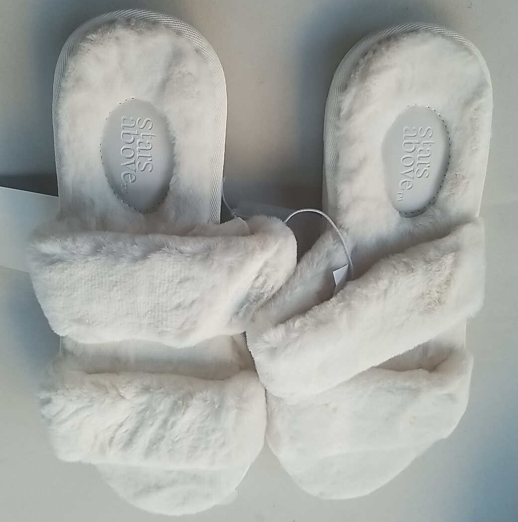 Stars Above Faux Fur Royal Slide Slippers Off-White Size 10 NWT
