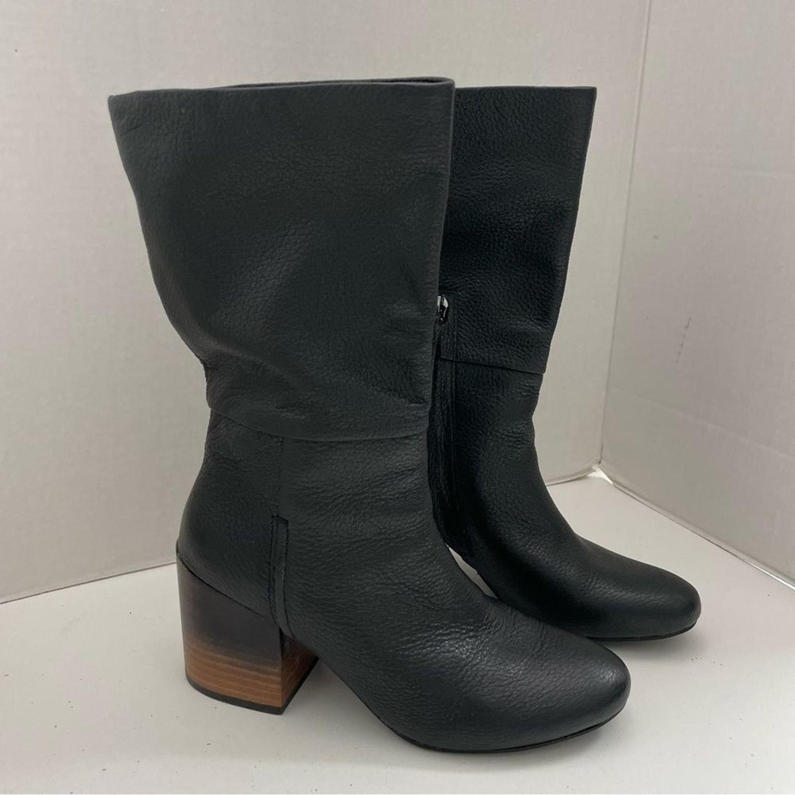 Levity Boots Betty Mid Calf Pebbled Soft Leather Stacked Heeled Pull On Black