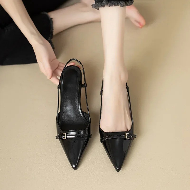 Women’s Wine Red Patent Leather Pointed Toe Mid Heel Slingback Sandals Shoes