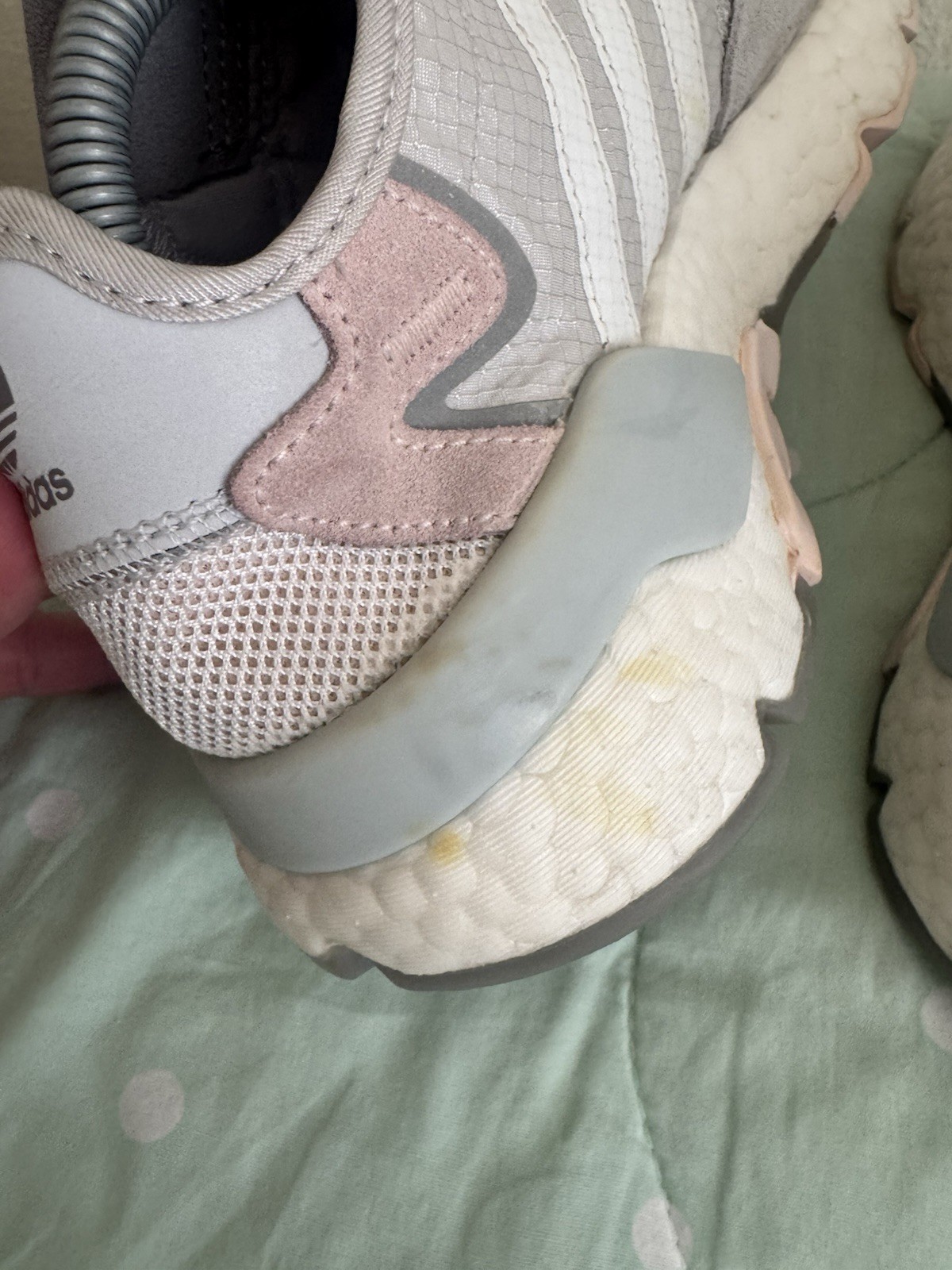 Adidas Nite Jogger Boost Grey One/Cloud White/Pink Tint Mesh Sneakers size 6