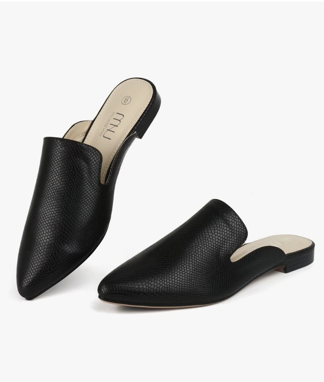 MUSSHOE Mules for Women Slip on Flats Loafers Pointed Toe black Snake Skin 7.5