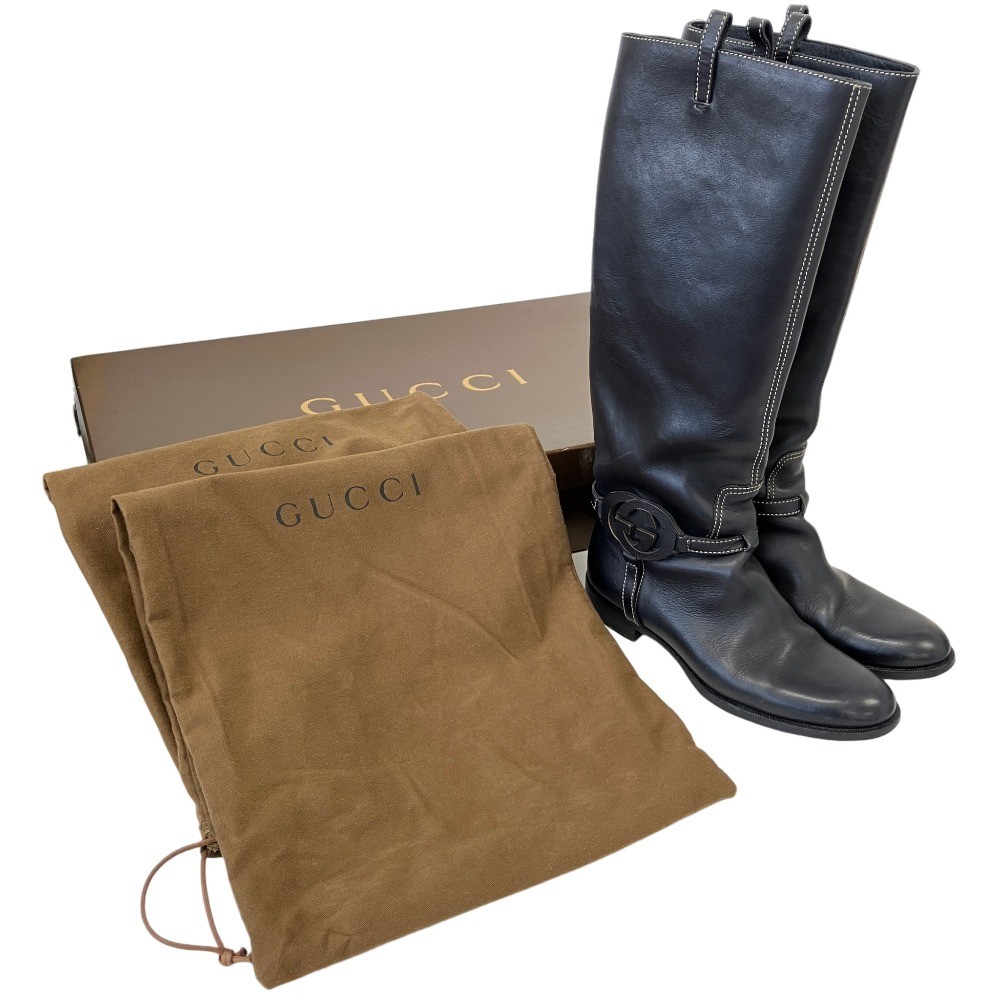 GUCCI Interlocking G Leather Long Boots 182167 Size 37 Black Women USED