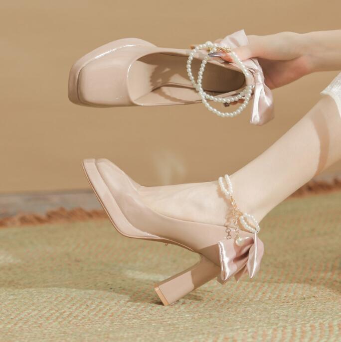 Women’s Patent Square Toe Bowtie Beaded Block Heel Mary Wedding Shoes