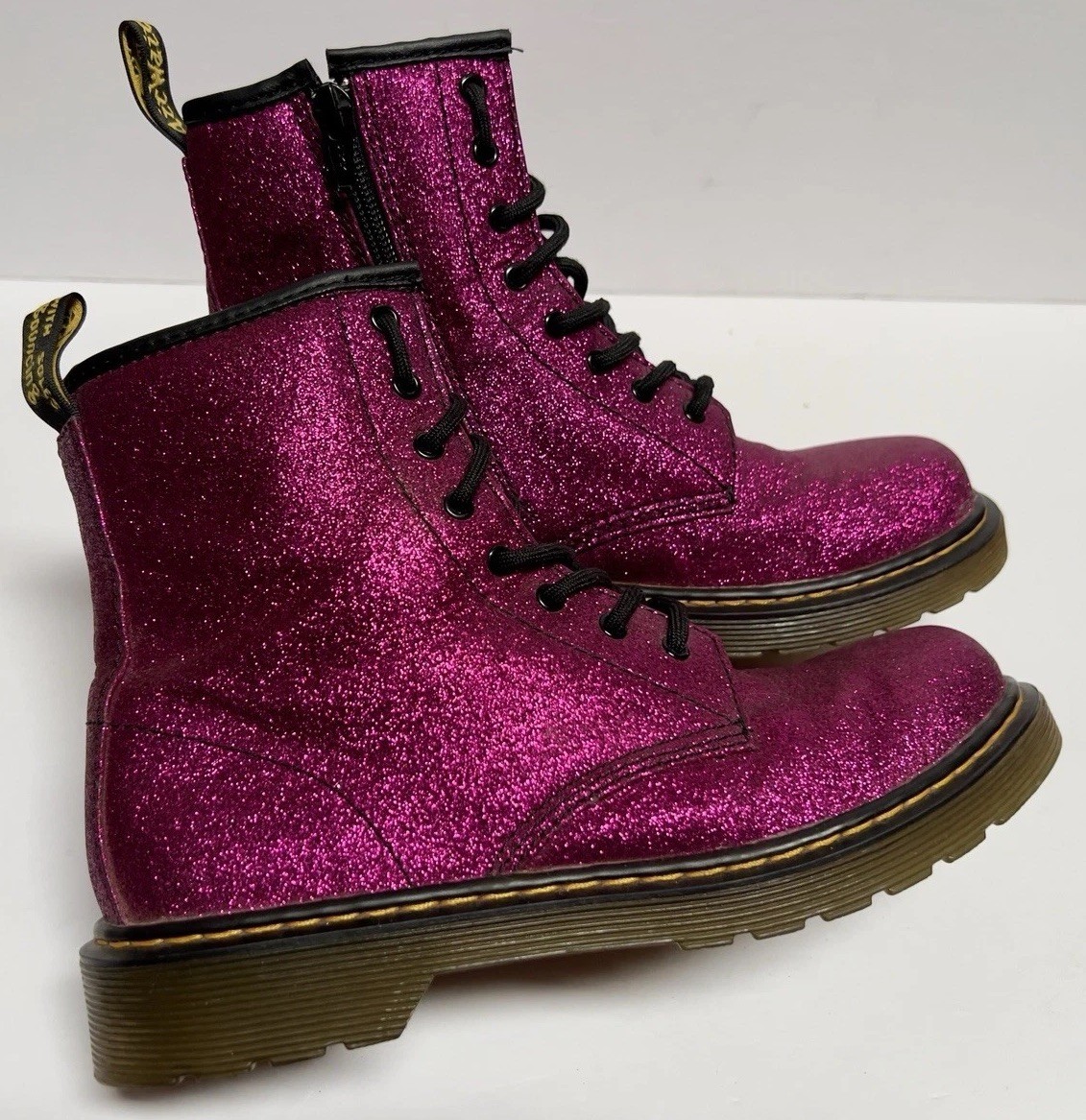 Dr. Martens Delaney Glitter Side Zip Lace Up Combat Pink Boots Women US 6 EU 37