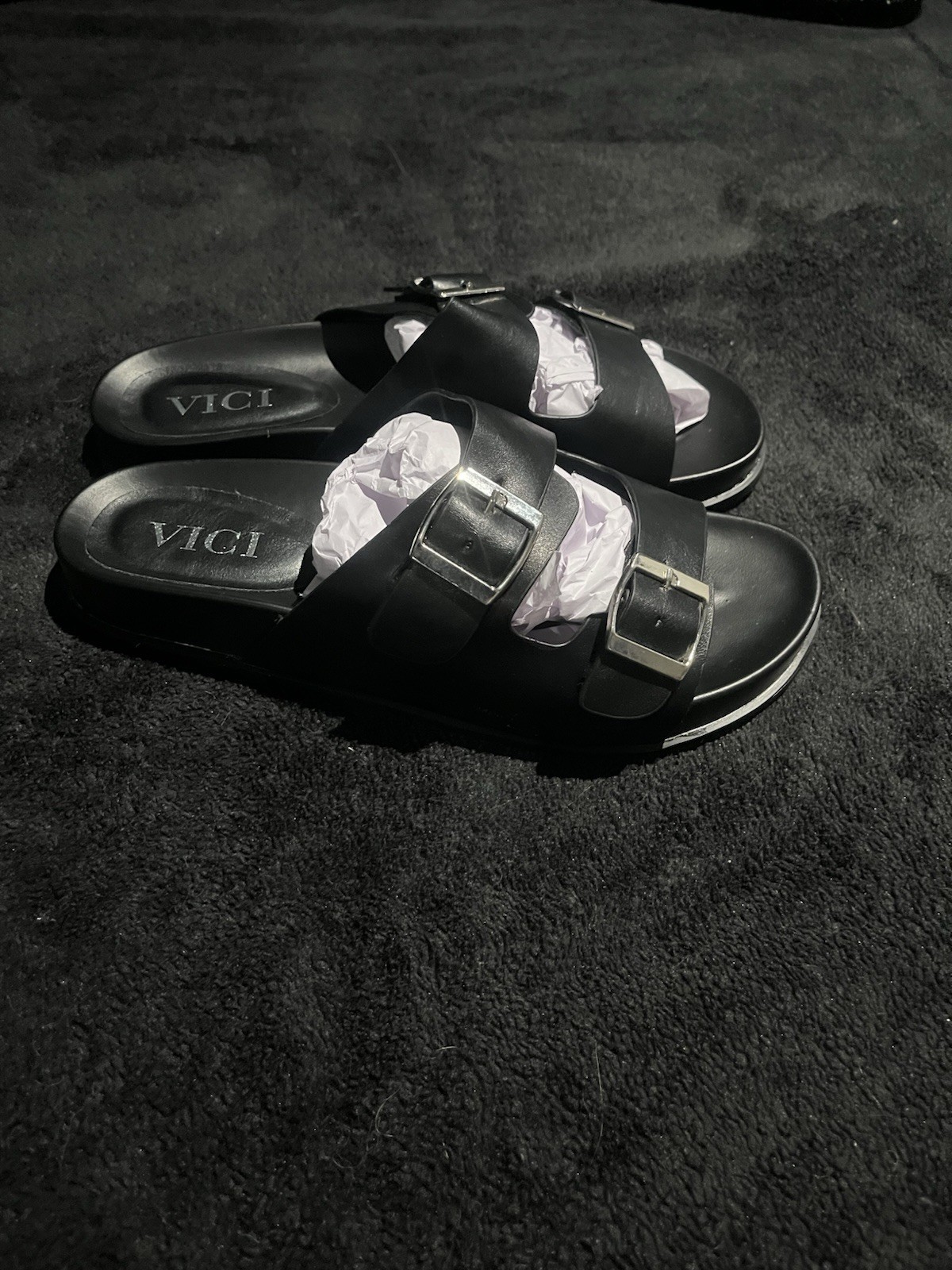 Vici Collection Madison Faux Leather Buckle Sandal in black, size 8.5