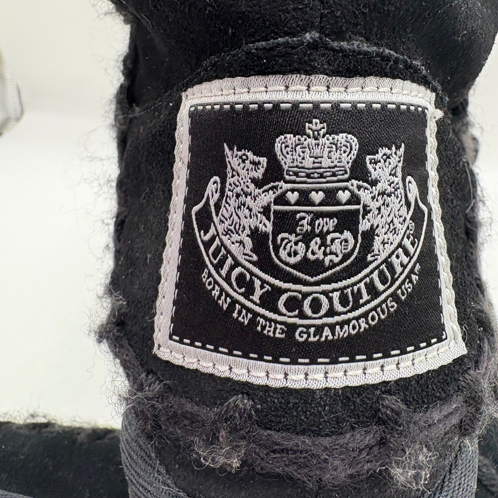 Juicy Couture Black Suede Boots Faux Fur Trim Bee Charm Pom Pom Size 7.5
